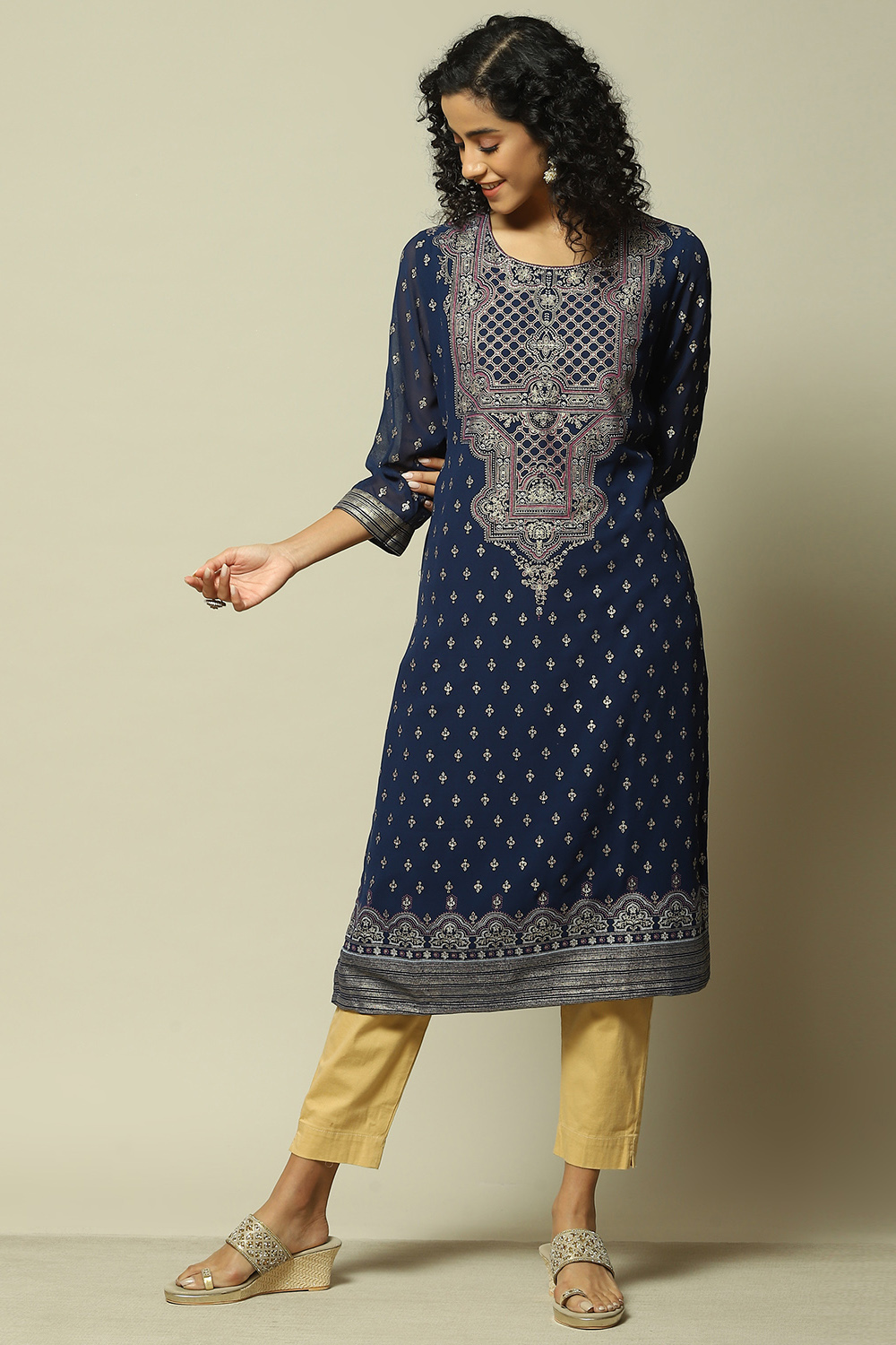 Navy Blue Polyester Straight Printed Kurta image number 0