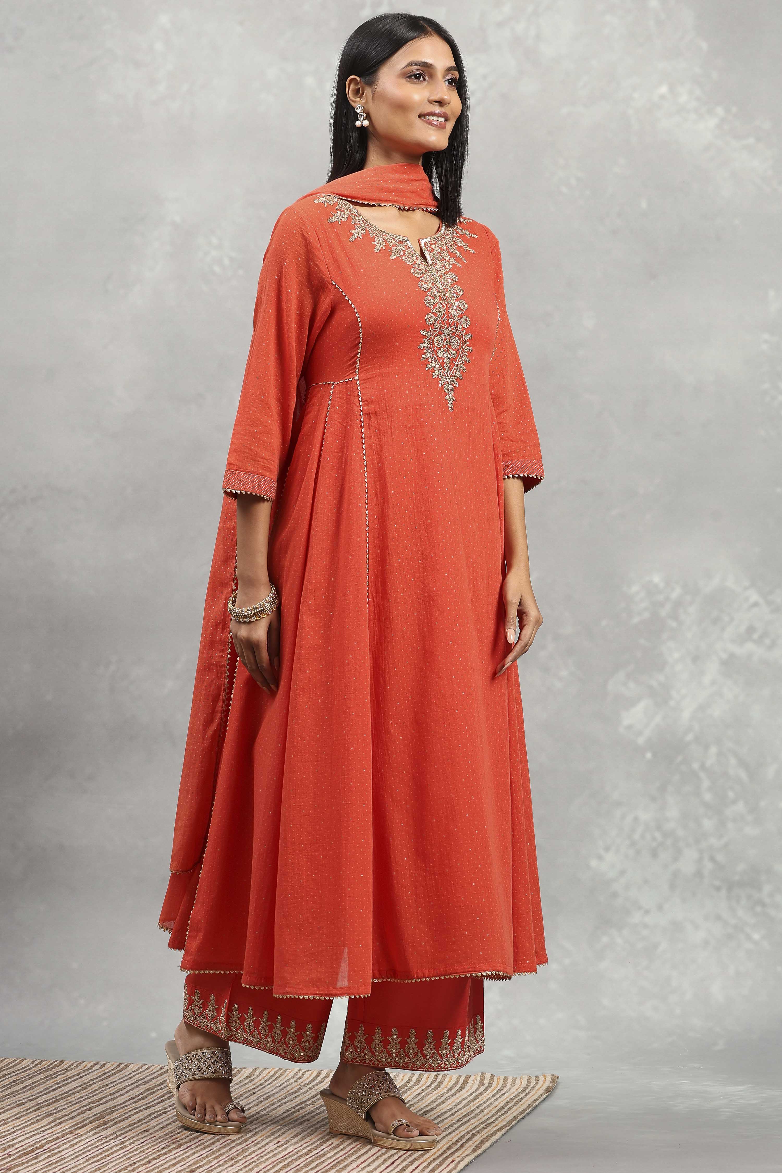 Orange Cotton Printed Kalidar Suit Set image number 5