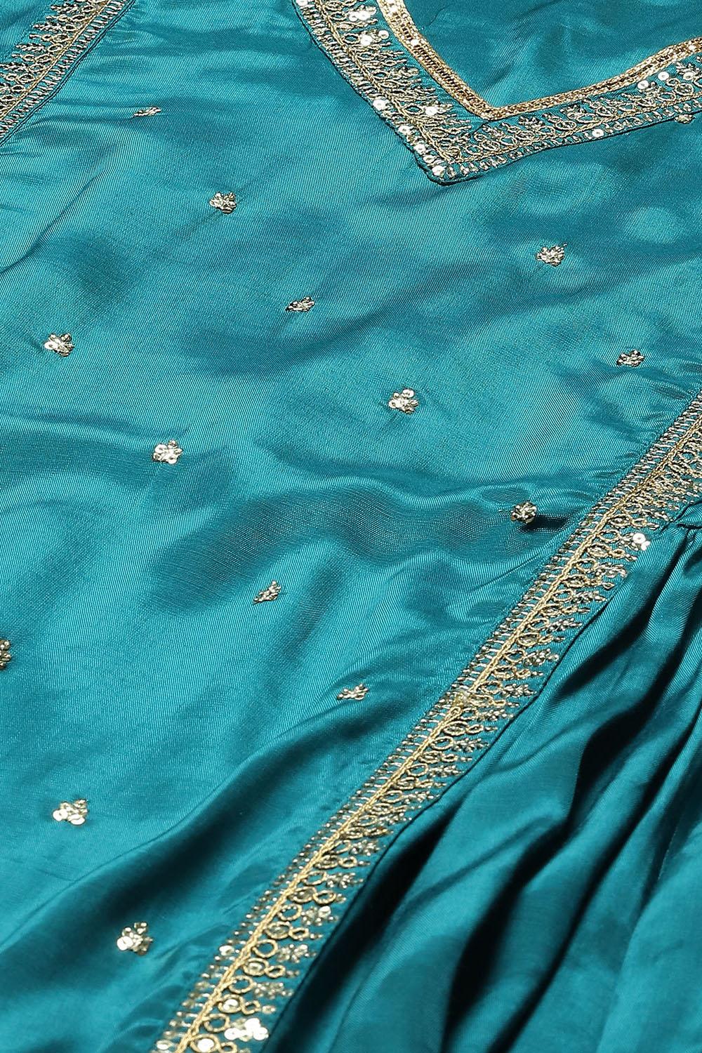 Teal Viscose Gathered Solid Suit Set image number 1