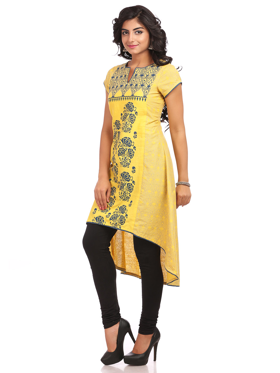 Yellow Asymmetric Cotton Kurta image number 3