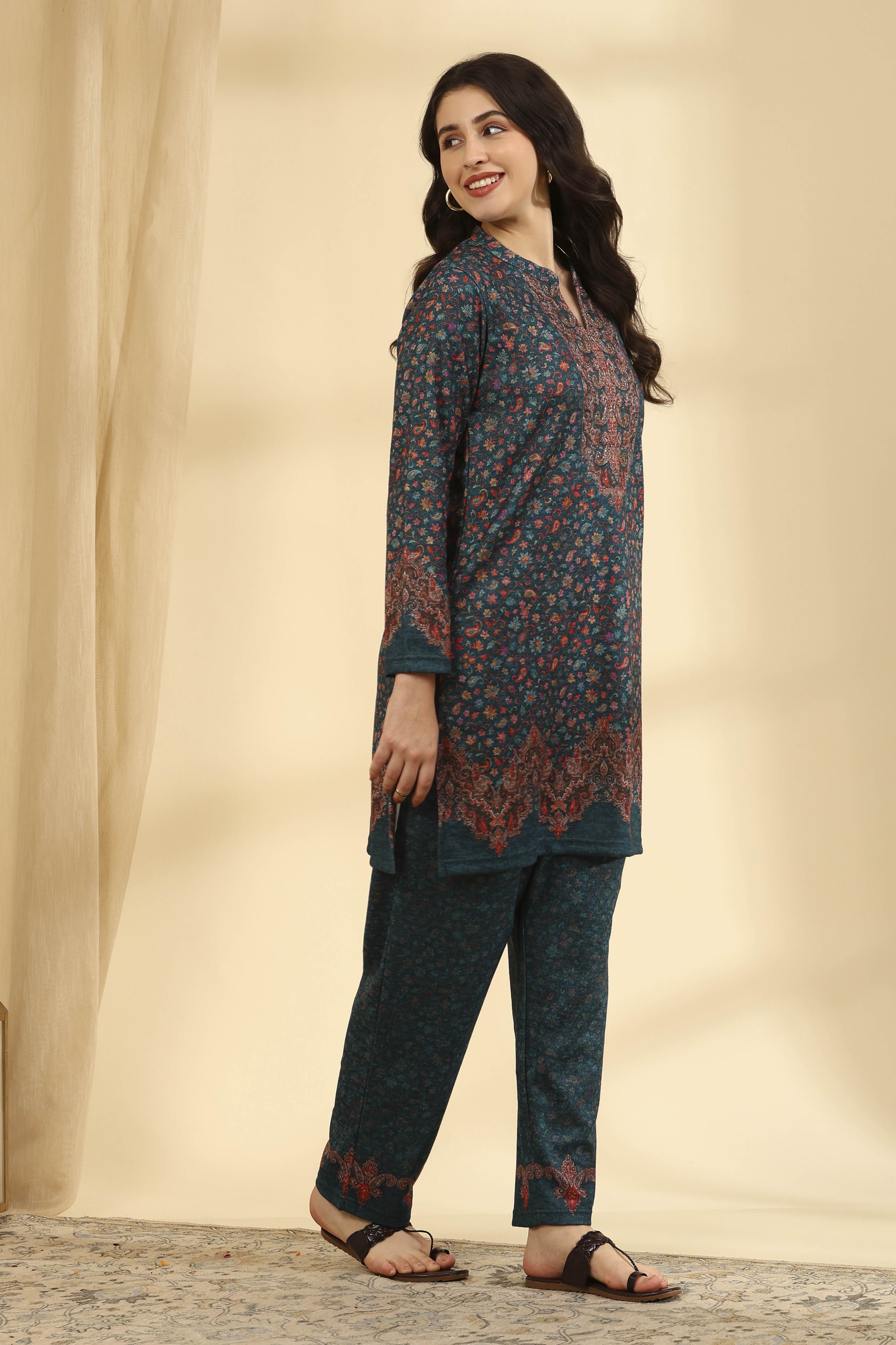 Teal Acrylic Straight Printed Kurta Pants Set image number 4