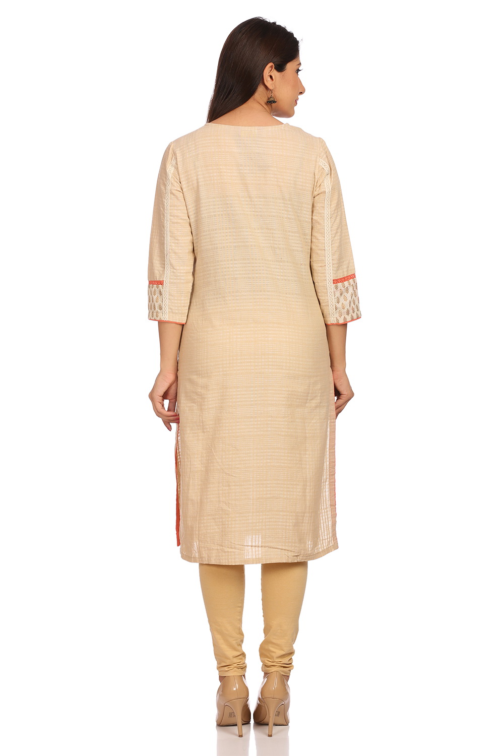 Beige Straight Cotton Kurta image number 3
