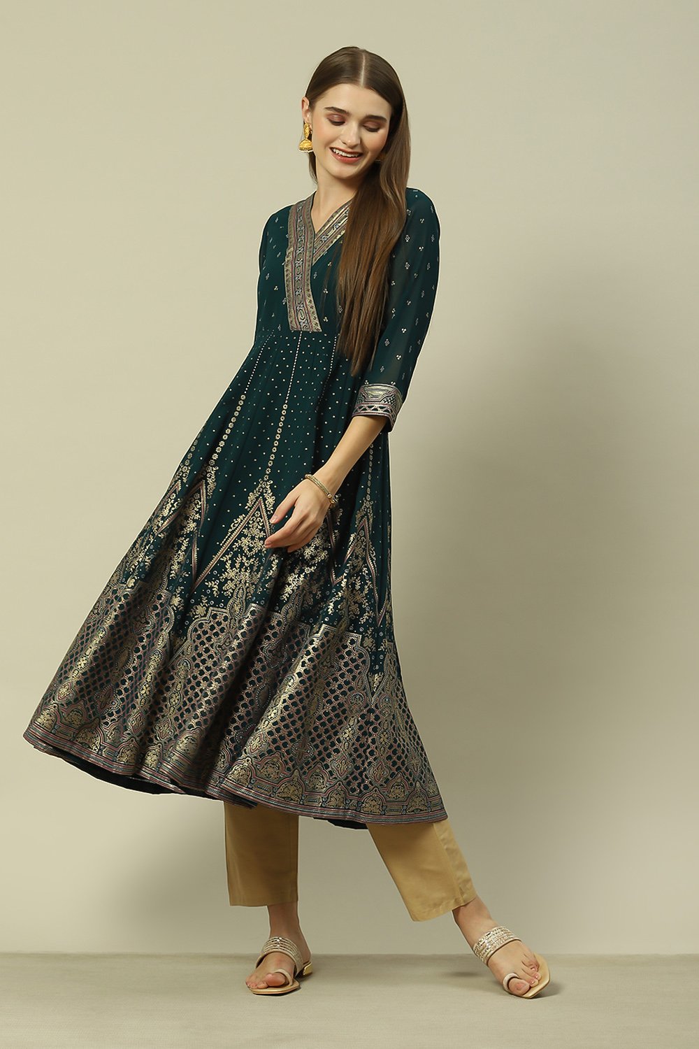 Green Polyester Kalidar Printed Dress image number 0