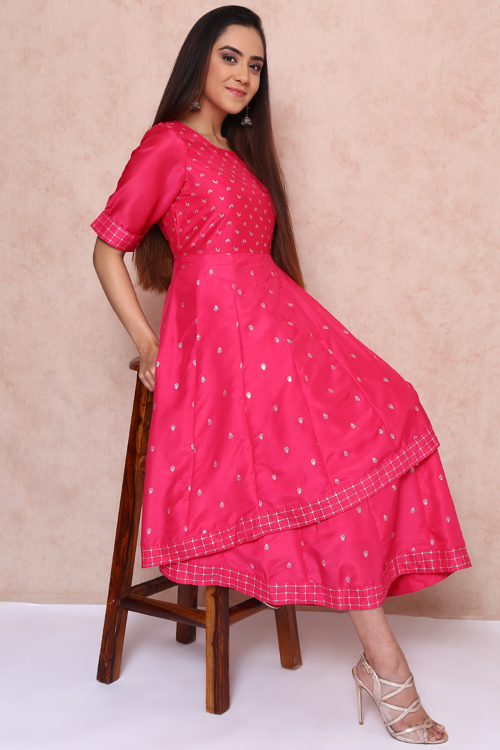 Fuschia Art Silk Kalidar Asymmetric Dress image number 3