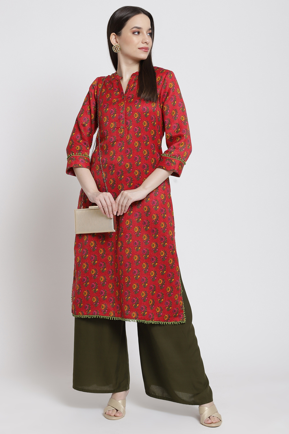 Red Poly Cotton Straight Kurta image number 0