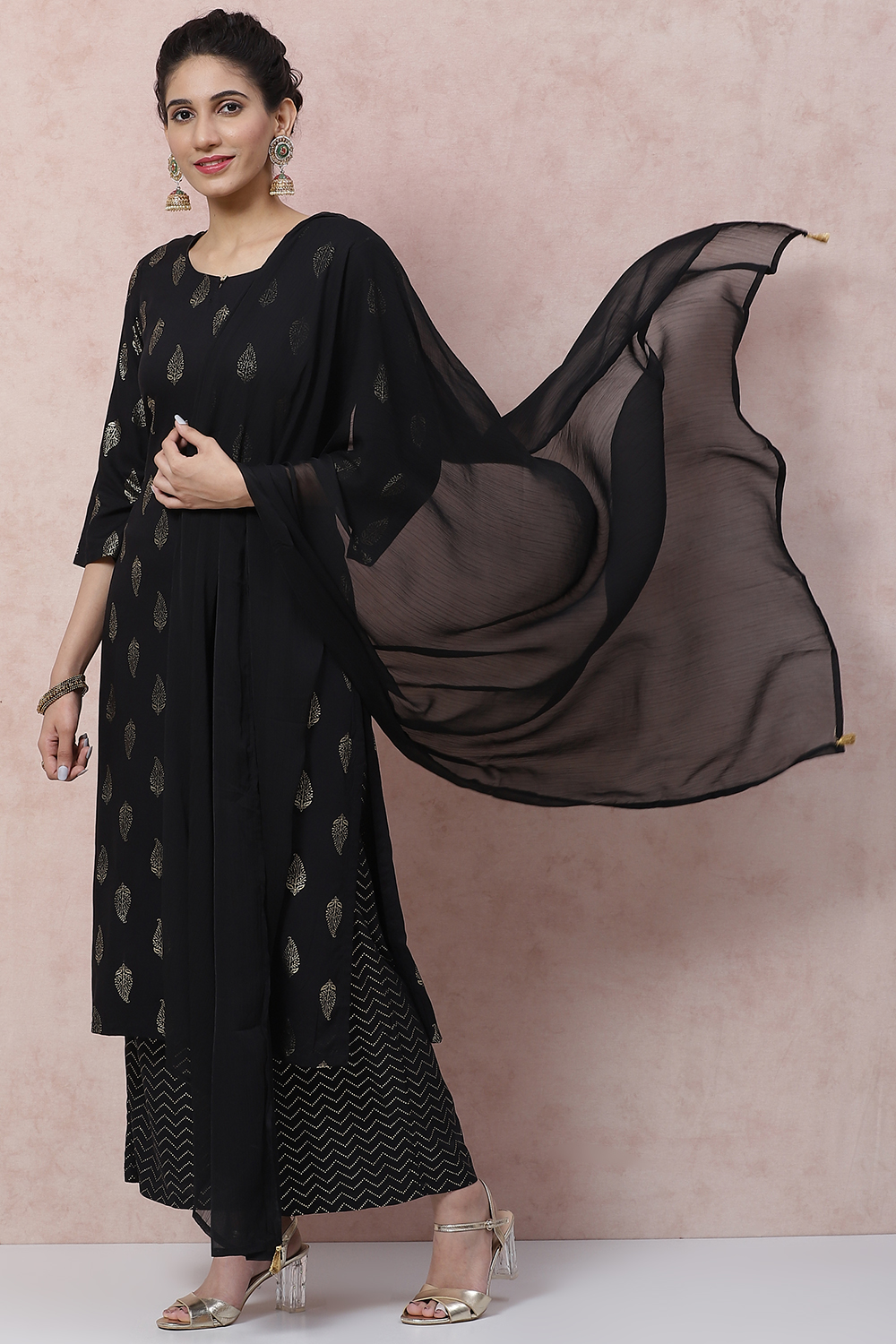 Black Viscose Rayon Straight Suit Set image number 3