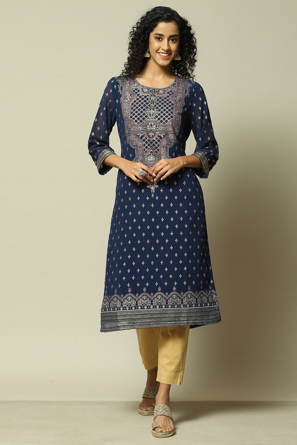 Navy Blue Polyester Straight Printed Kurta image number 5