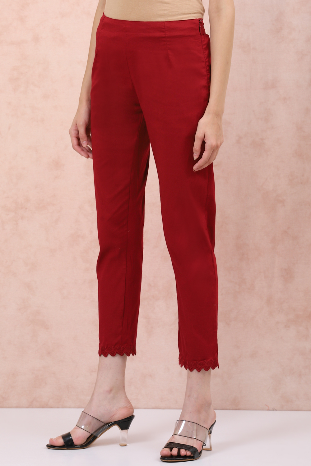 Maroon Poly Cotton Slim Pants image number 2