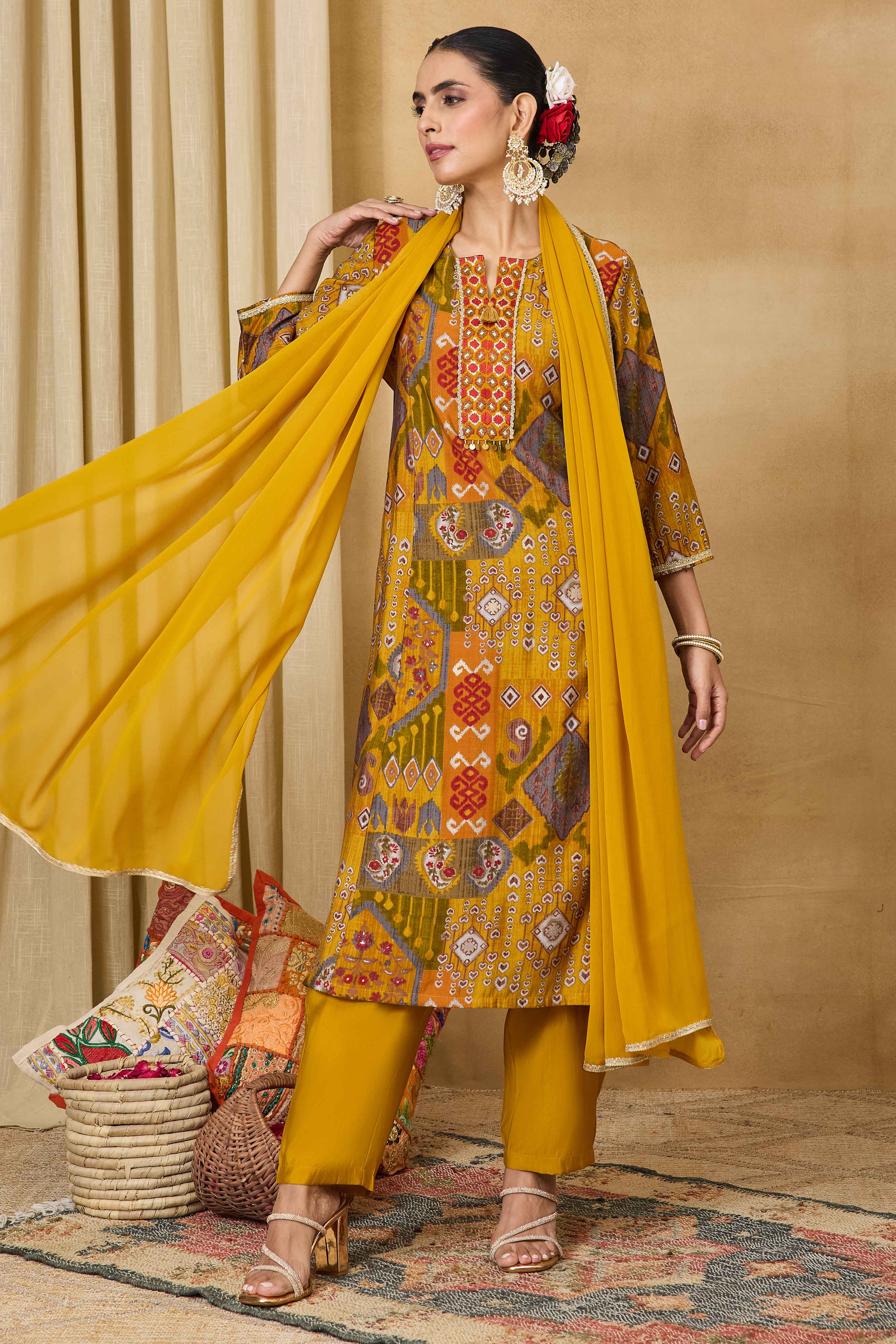 Yellow Viscose Blend Straight Printed Suit Set image number 7
