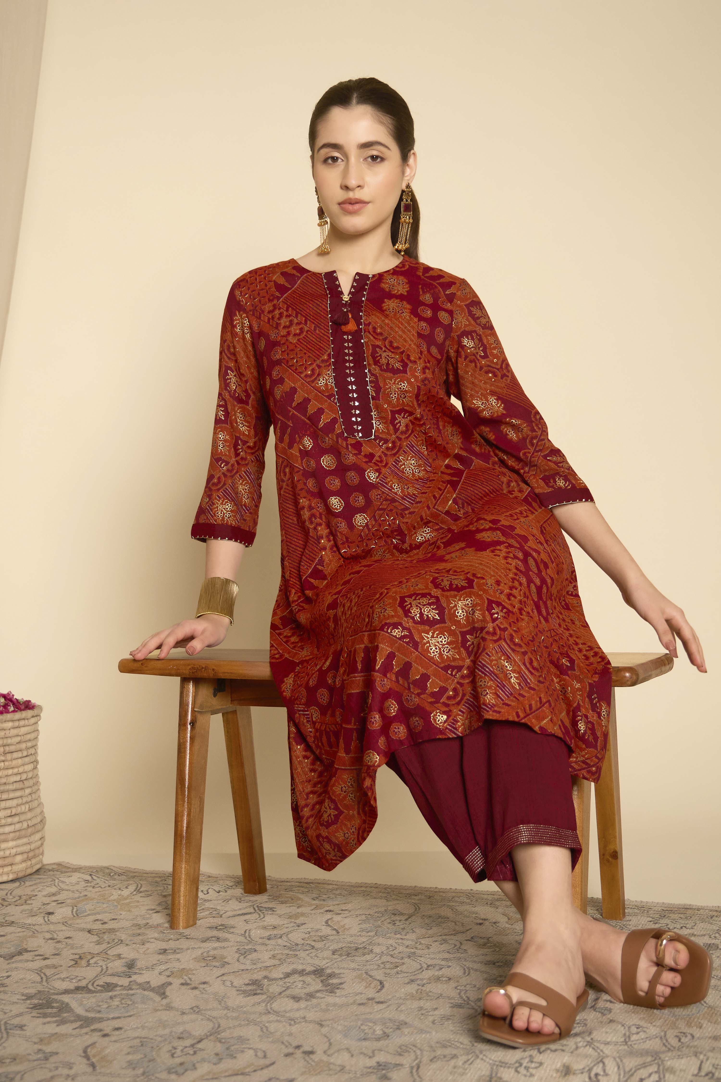 Orange Viscose Blend Straight Printed  image number 0