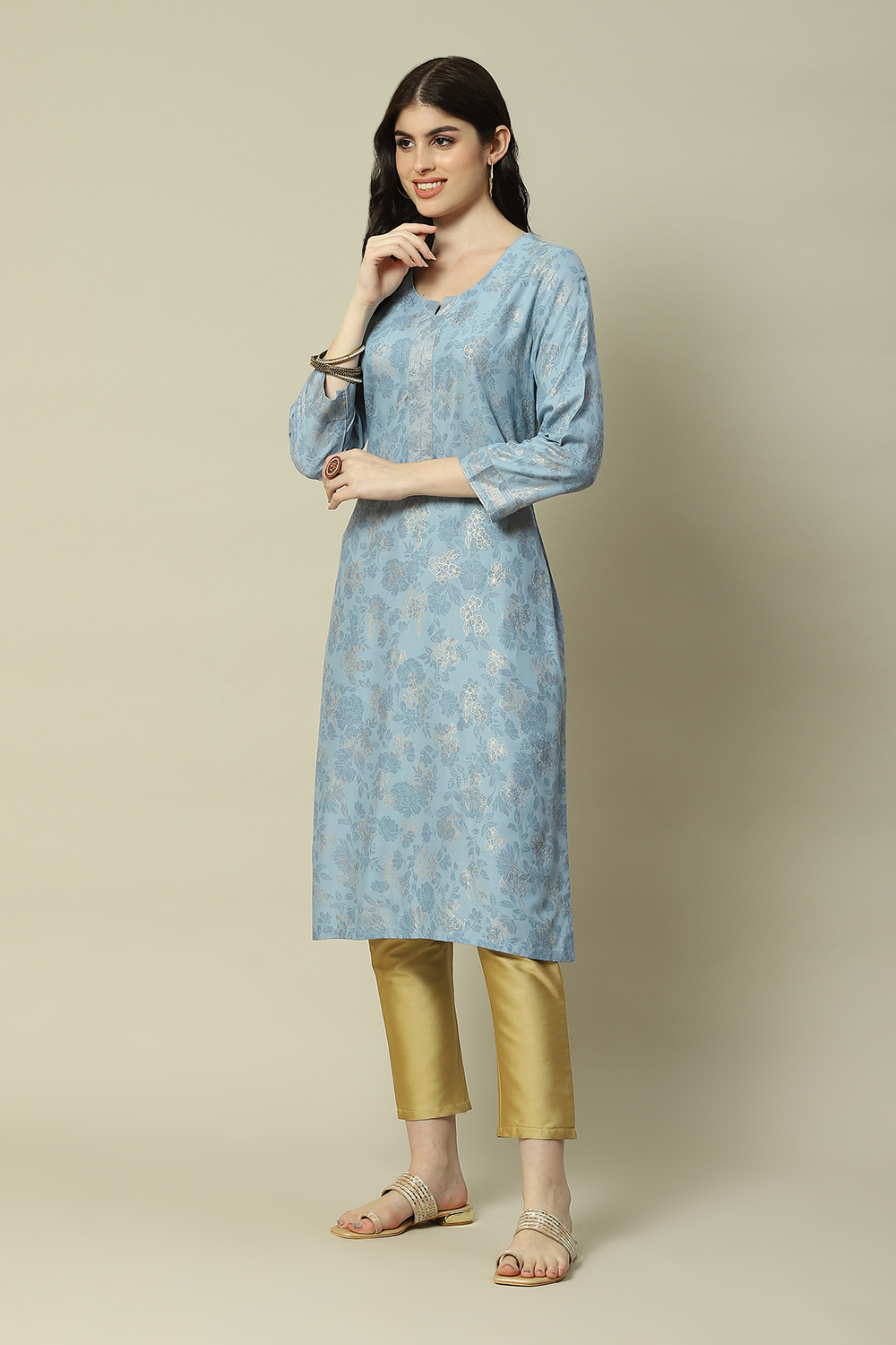 Blue LIVA Straight Printed Kurta image number 2