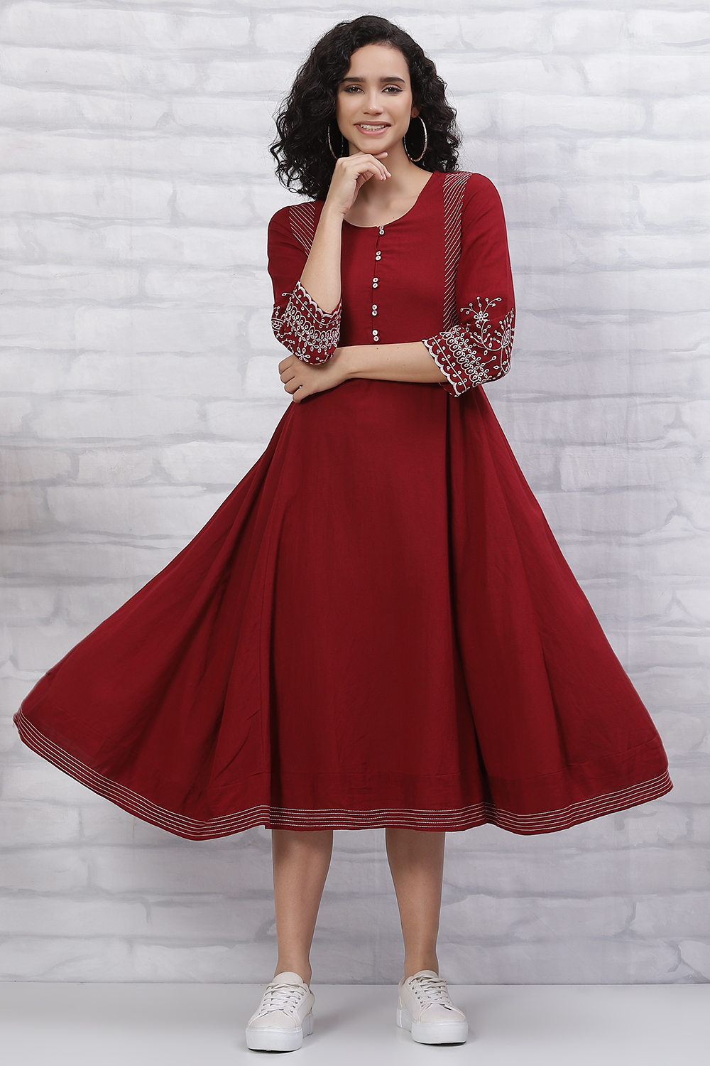 Red LIVA Schiffli Anarkali Kurta Dress image number 0