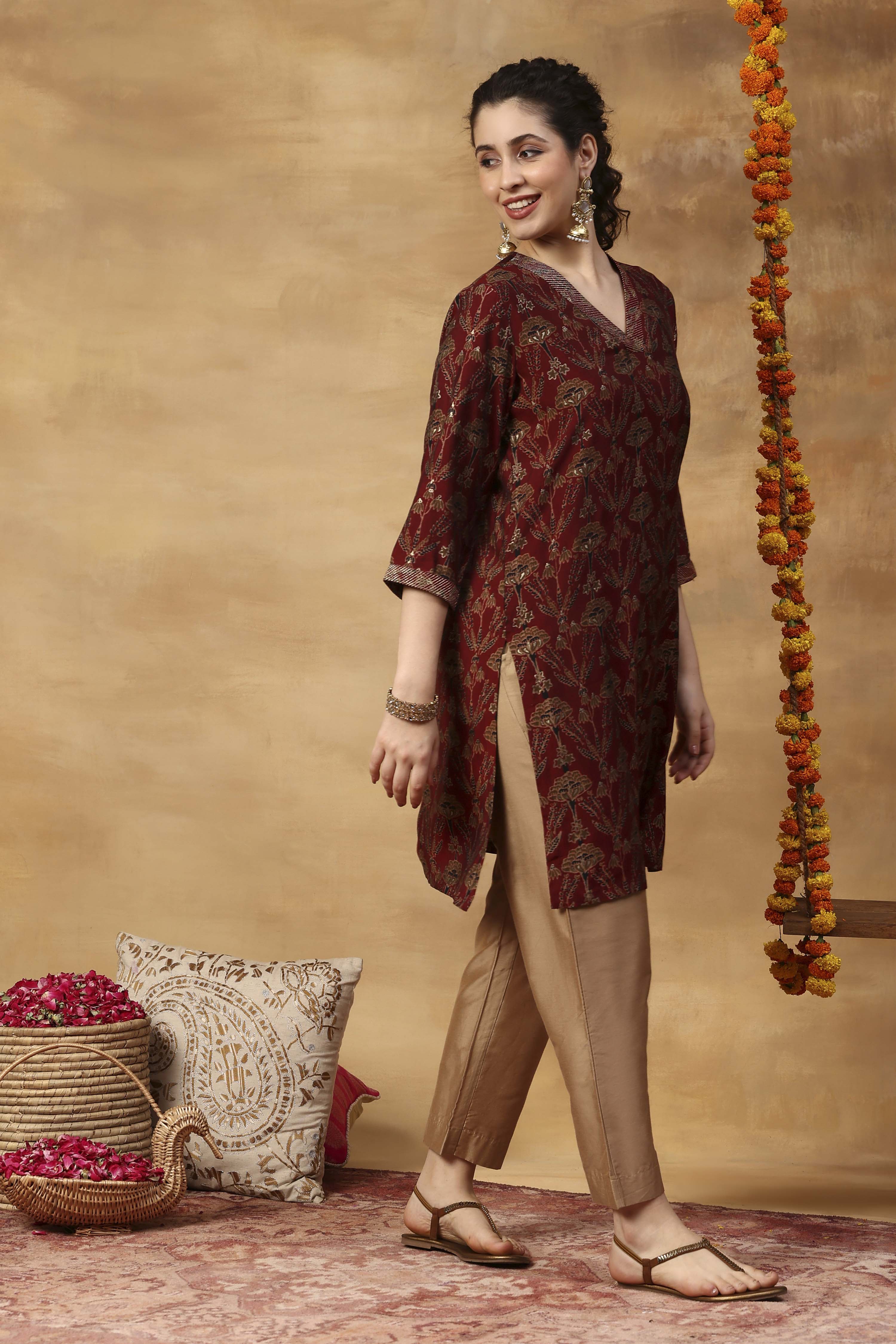 Red Printed Straight Kurta image number 3