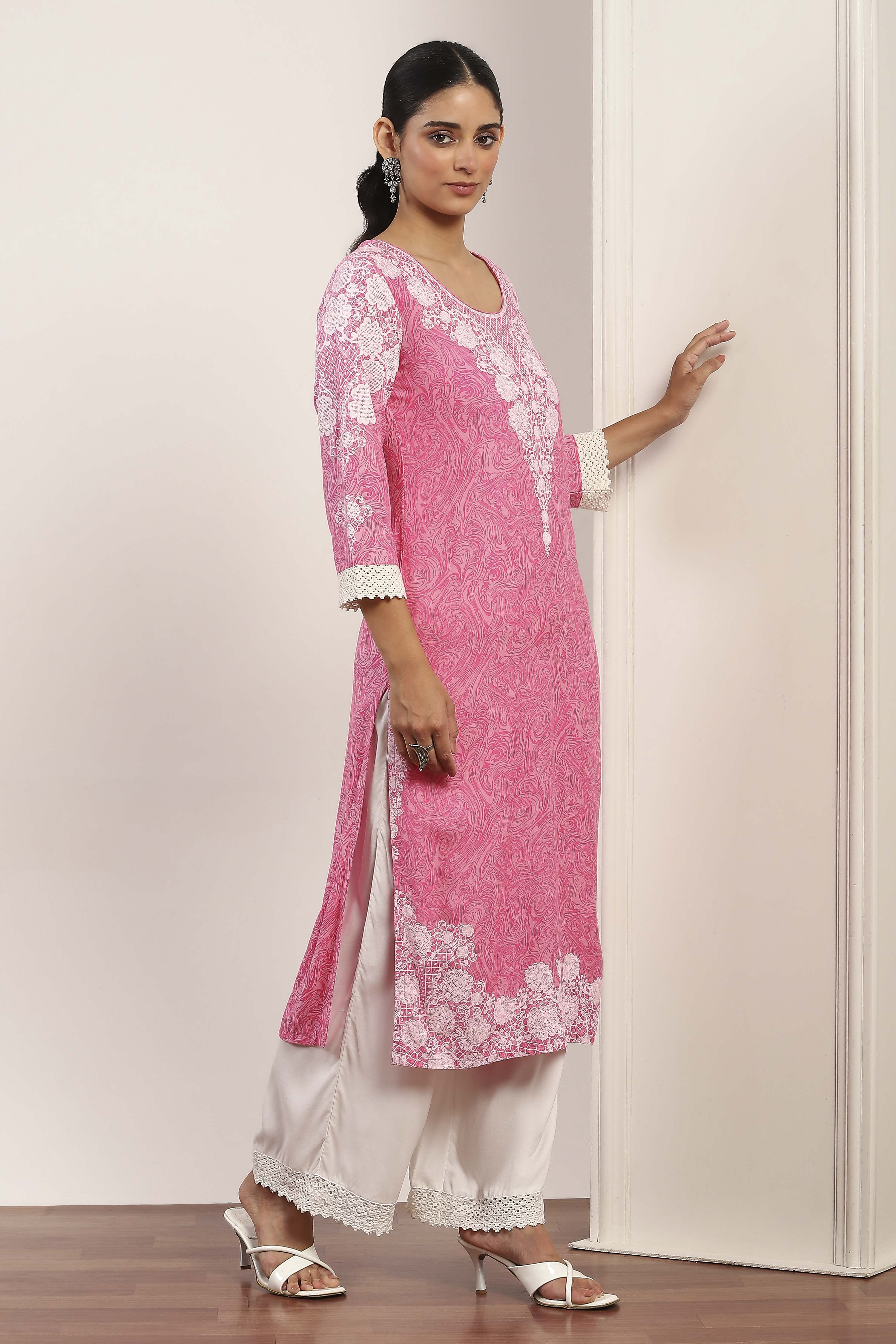 Pink  Straight Kurta Pants Set image number 5