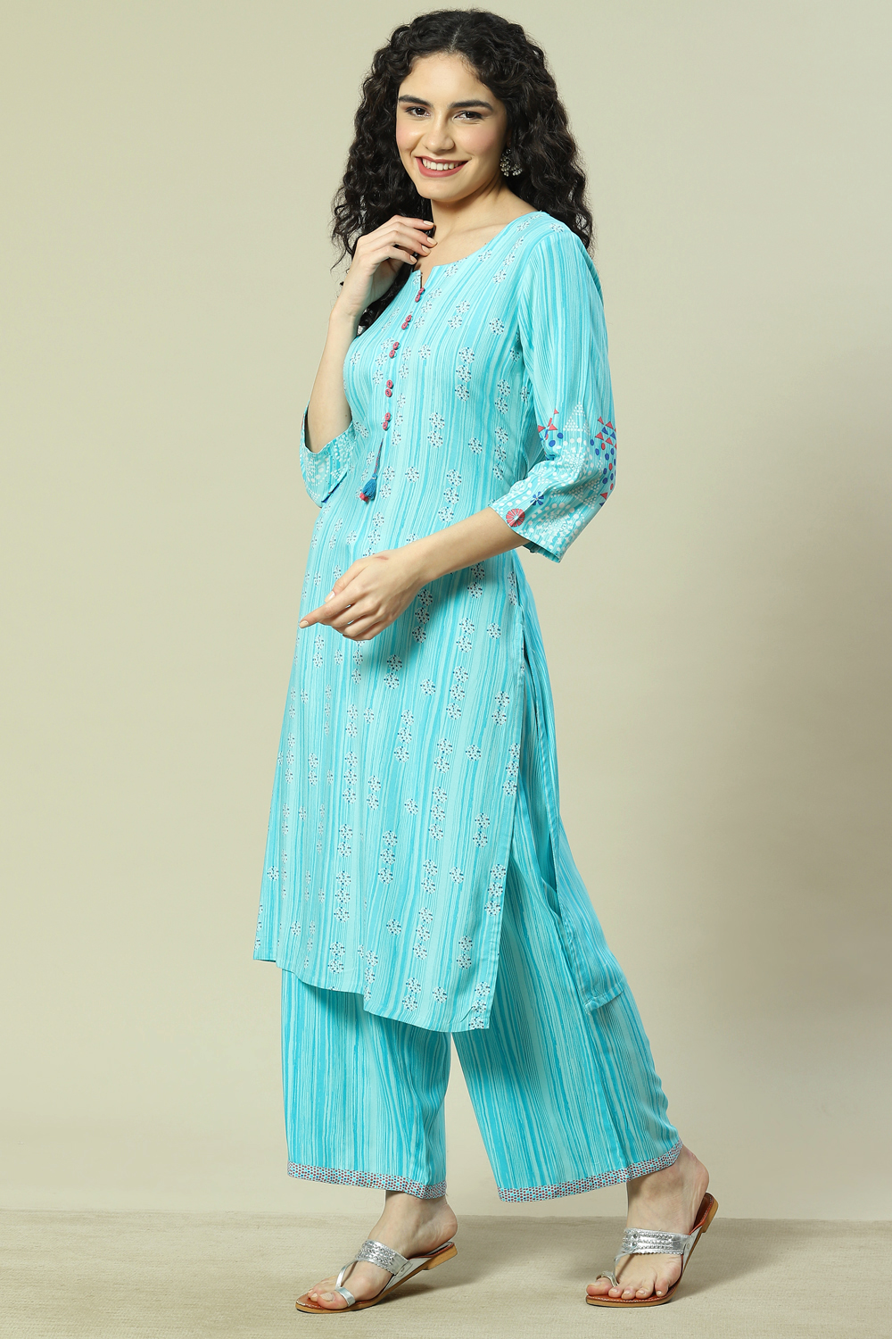 Turquoise LIVA Woven Straight Kurta Suit Set image number 3