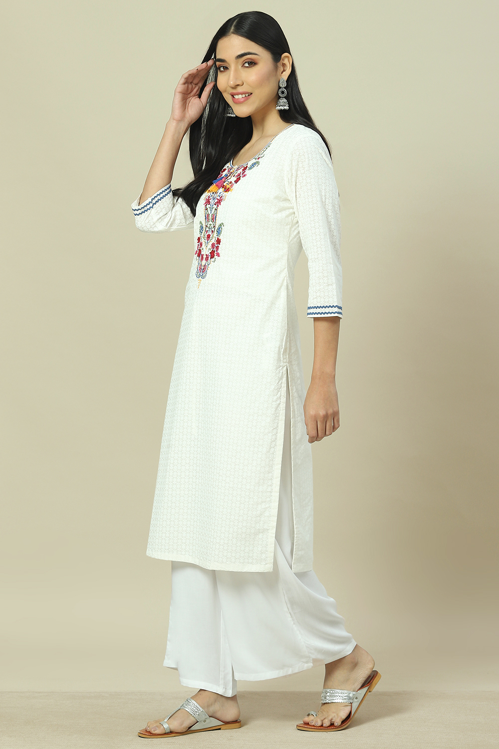 White Cotton Straight Kurta image number 2