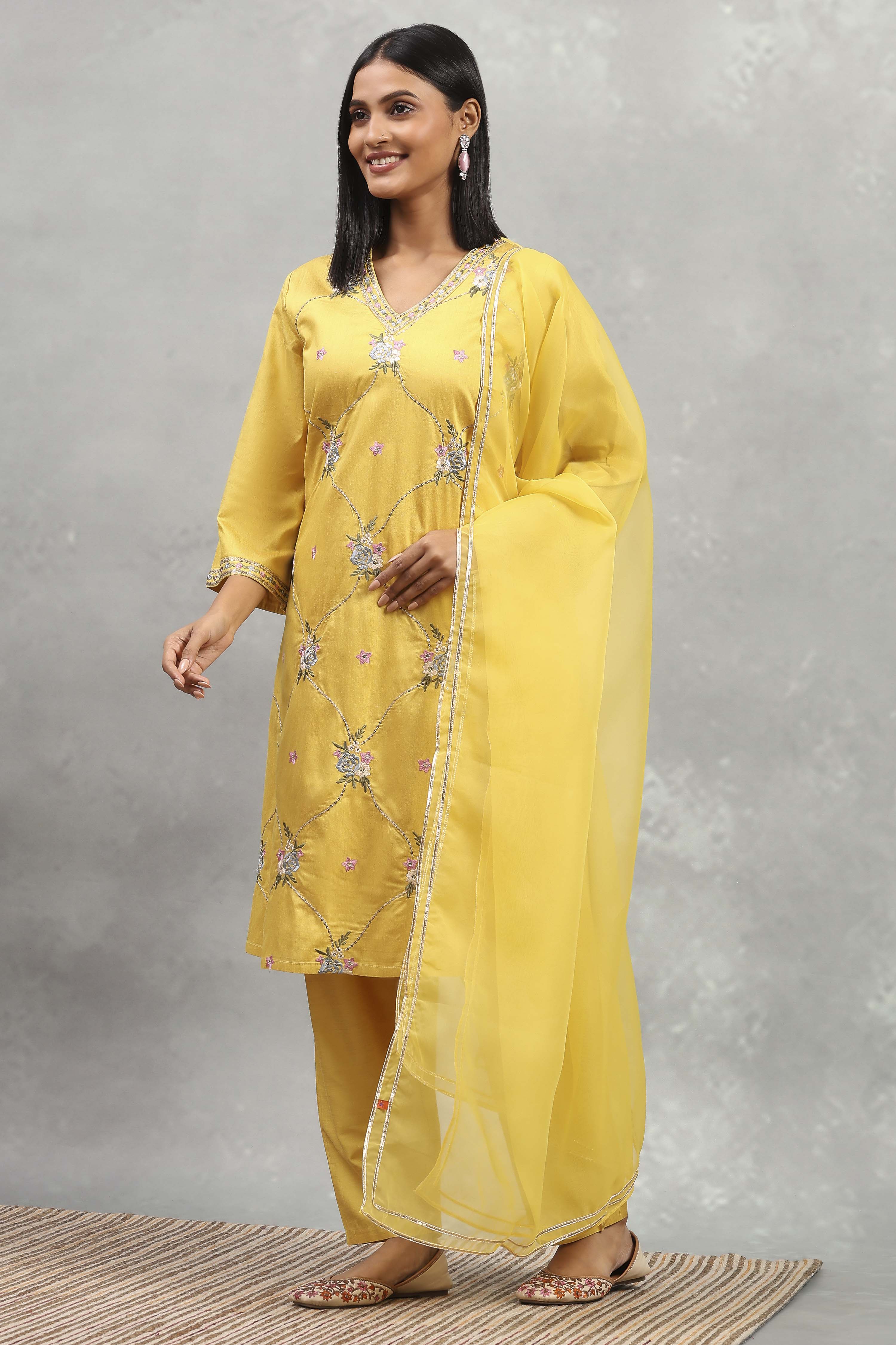 Yellow Viscose Blend Embroidered Straight Suit Set image number 3