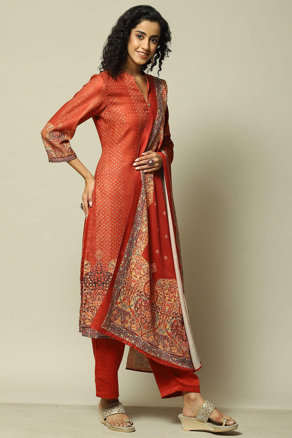 Rust Polyester Straight Printed Kurta Palazzo Suit Set image number 6