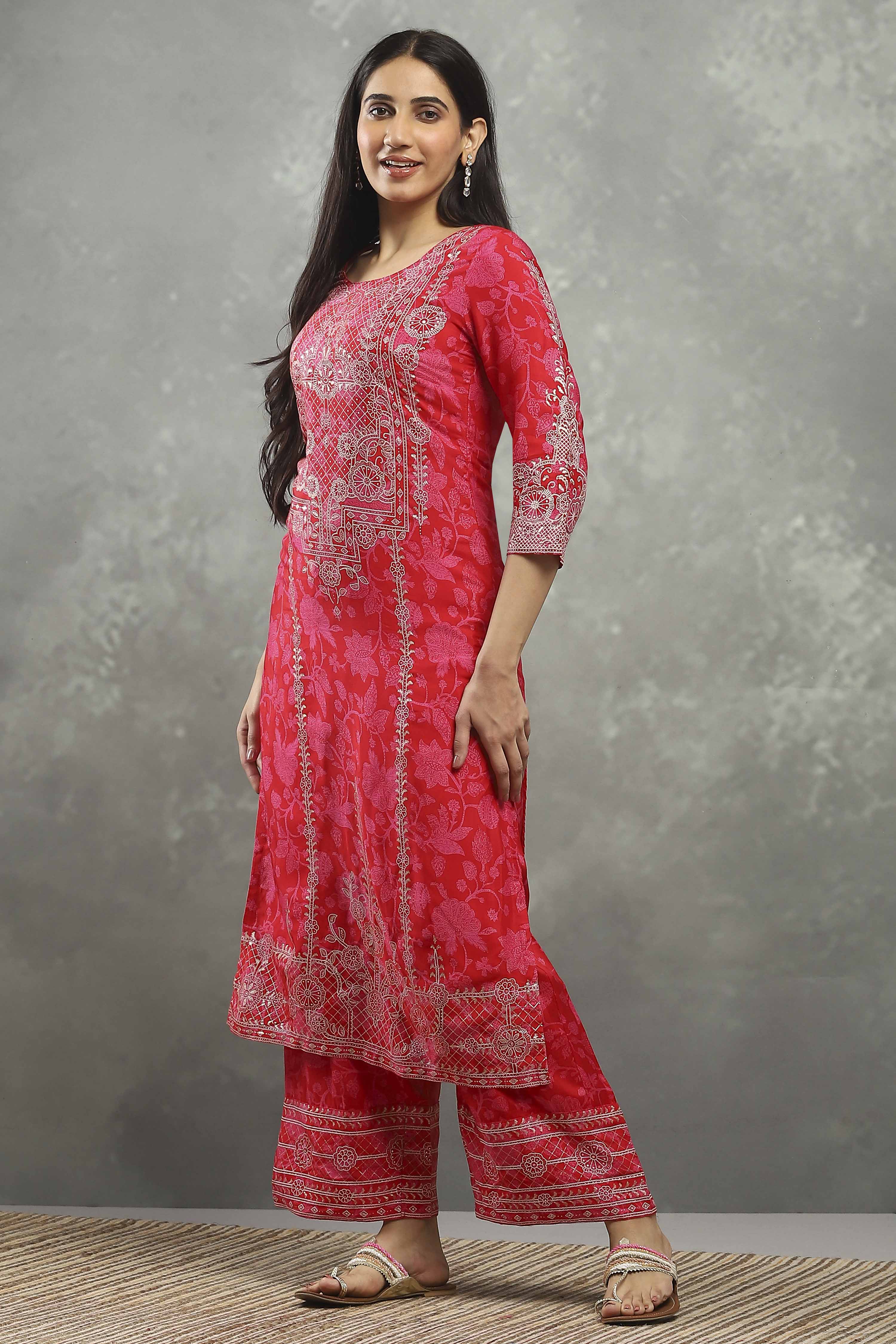 Pink Viscose A-line Kurta Pants Set image number 0