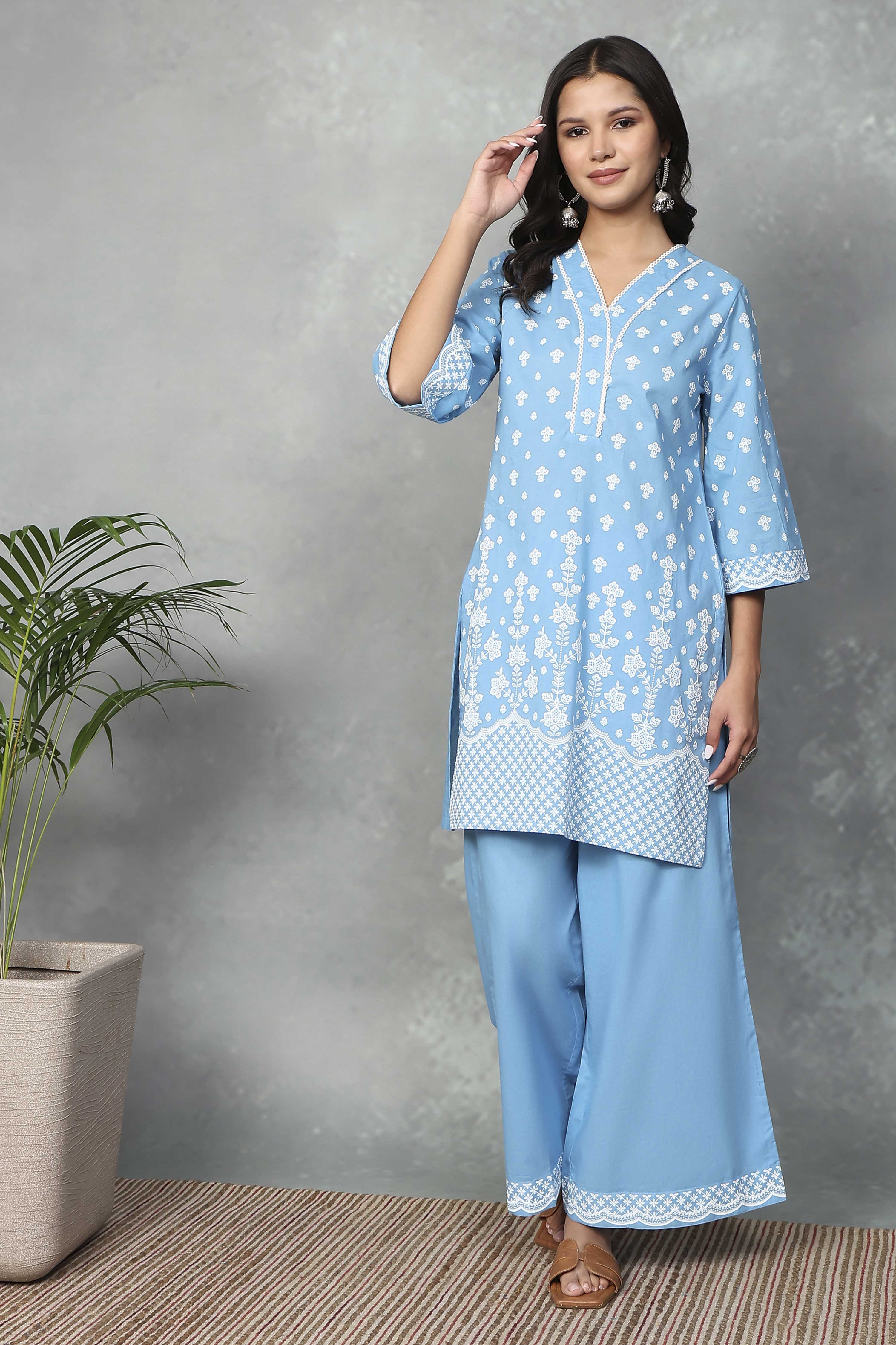 Blue Cotton Printed Kurta Palazzo Set image number 0
