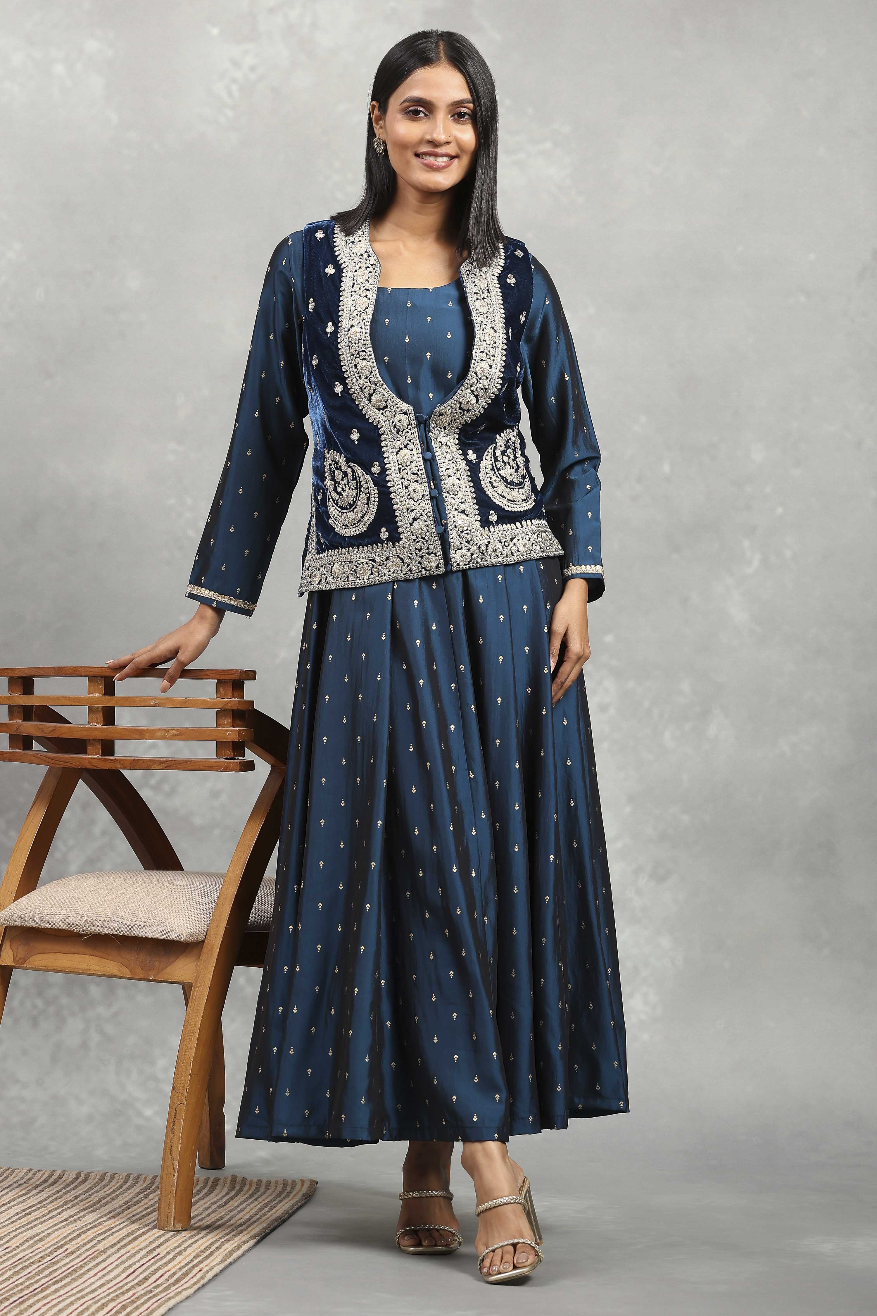 Blue Polyester Blend Printed Kalidar Dress image number 0