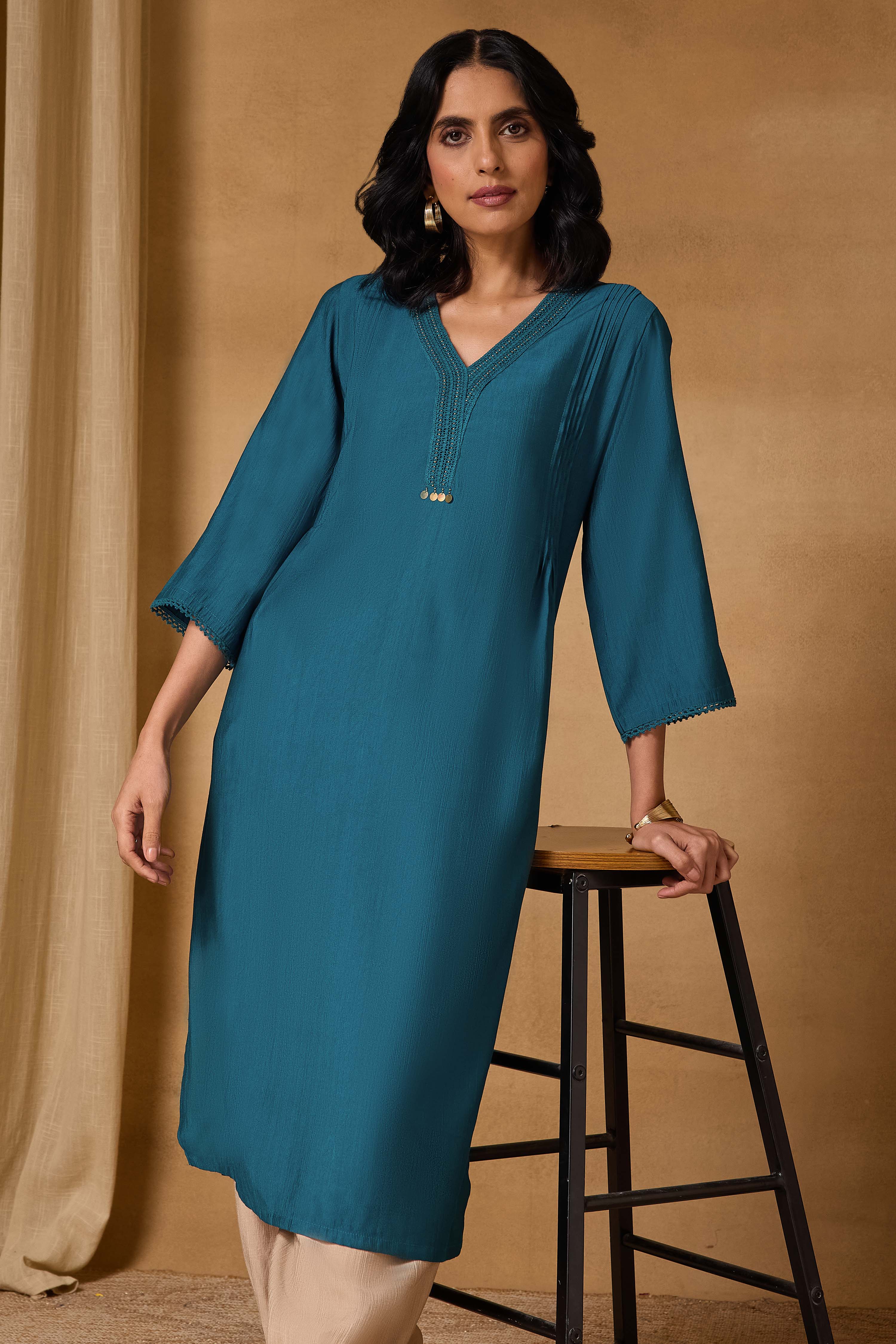 Teal Viscose Blend Straight Solid Kurta image number 6