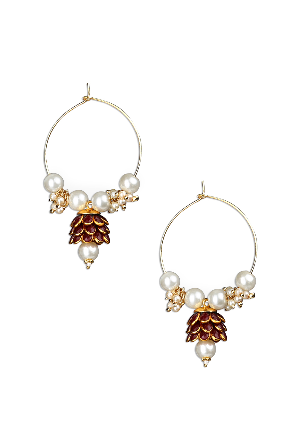 Maroon Earrings With Red Pachchi And Pearls image number 1