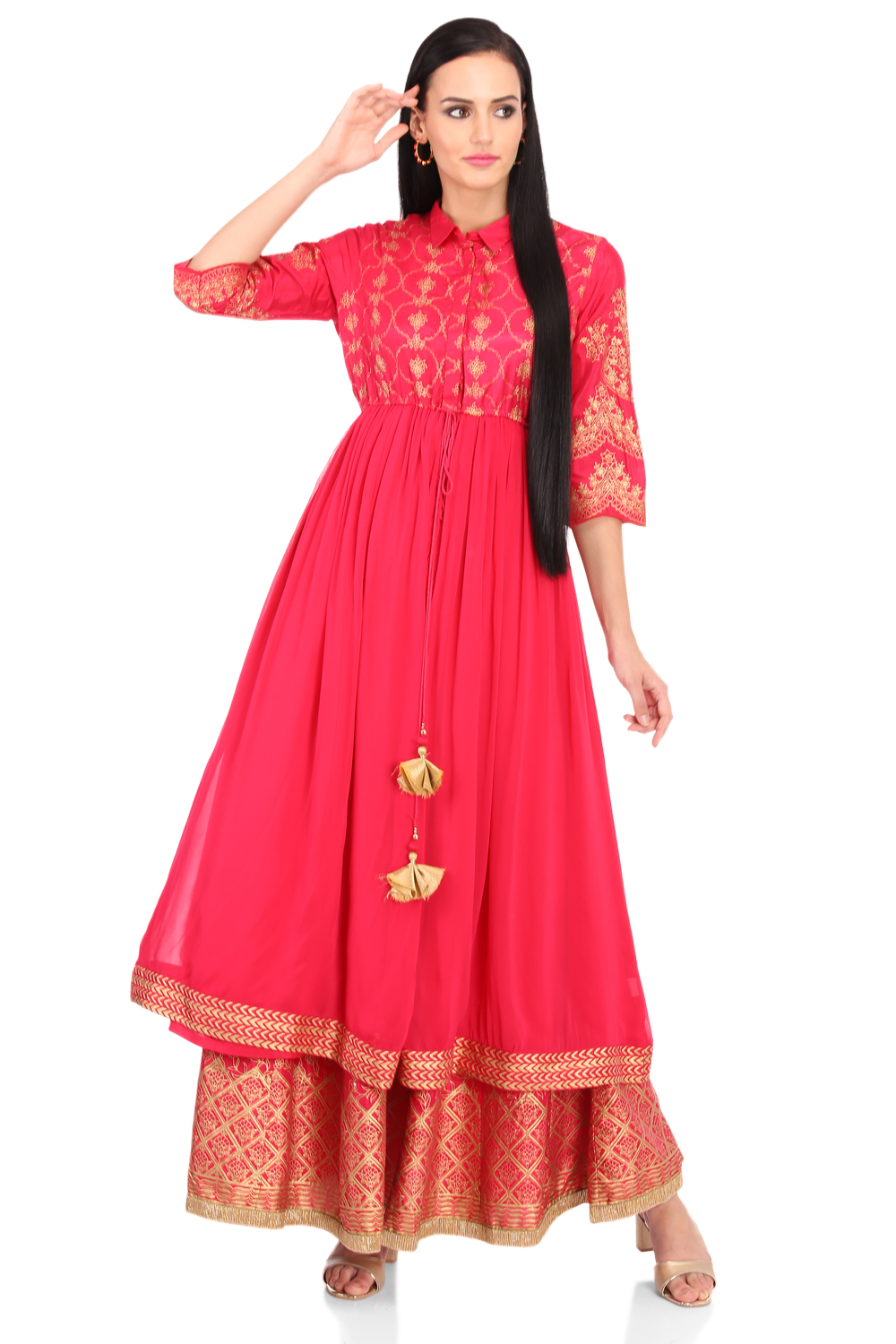 Pink Flared Viscose Kurta image number 4