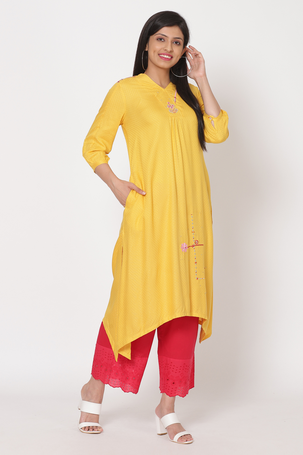 Yellow Viscose Asymmetric Kurta image number 3