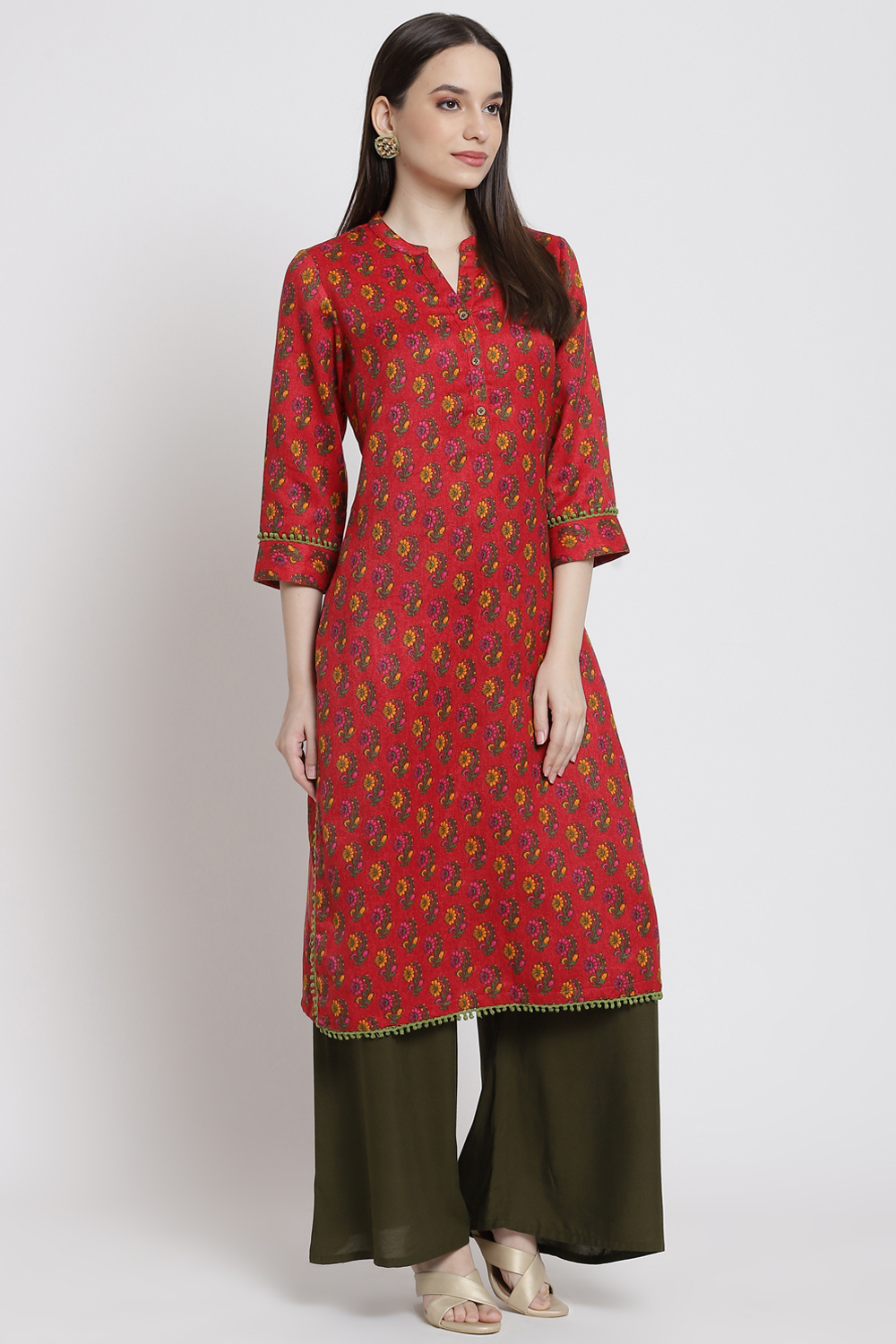 Red Poly Cotton Straight Kurta image number 2