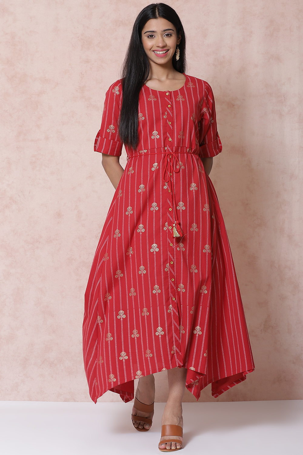 Red Cotton Flax Asymmetric Dress image number 3