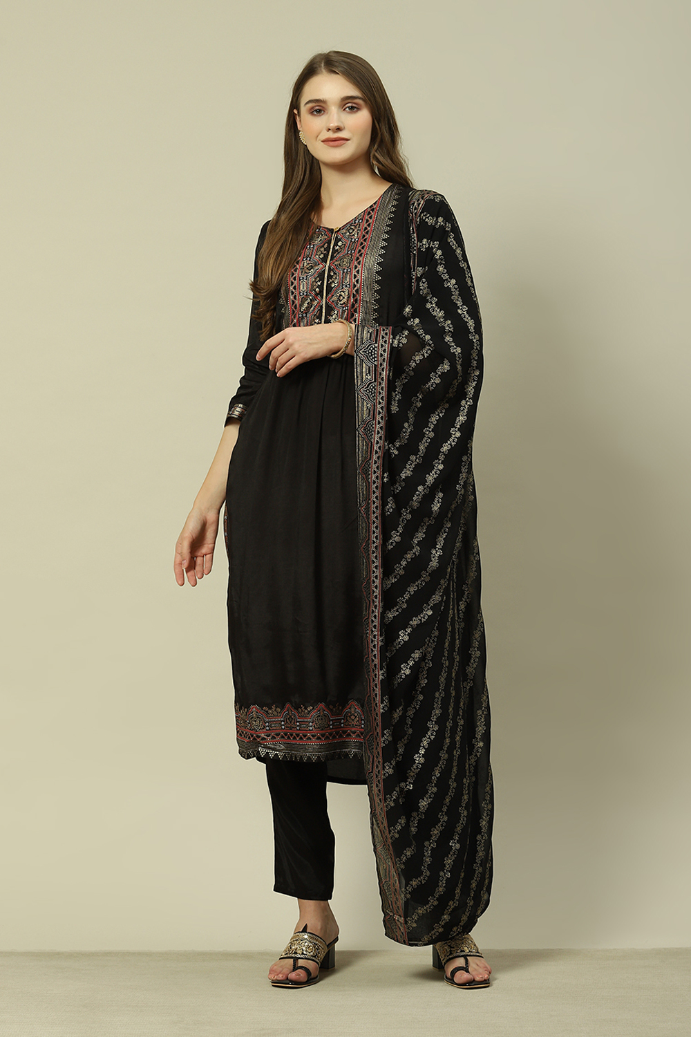 Black LIVA Straight Printed Kurta Slim Pant Suit Set image number 7