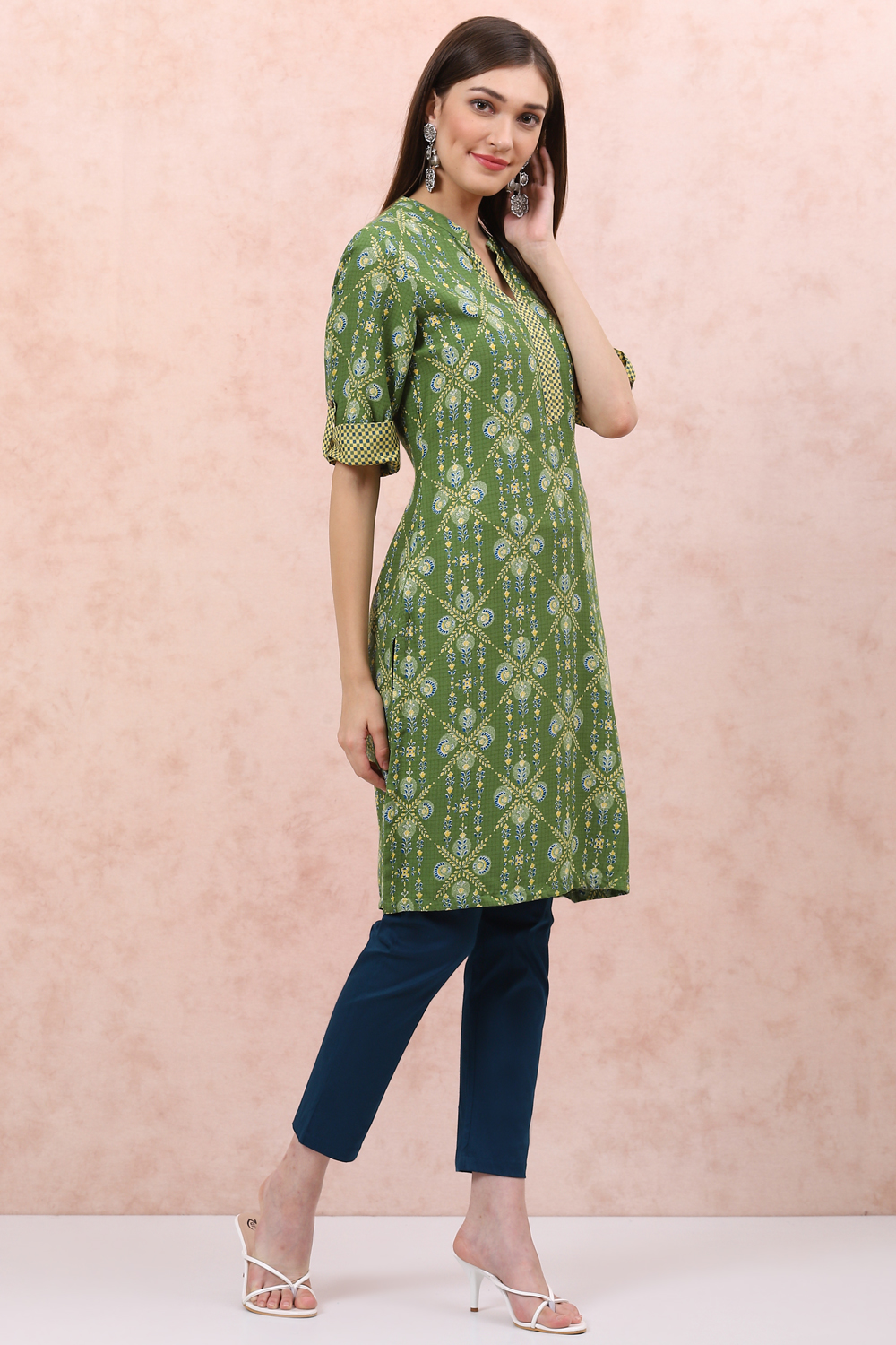 Lime Green LIVA Straight Kurta image number 3