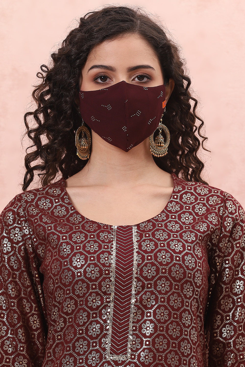 Brown Art Silk Face Mask image number 0