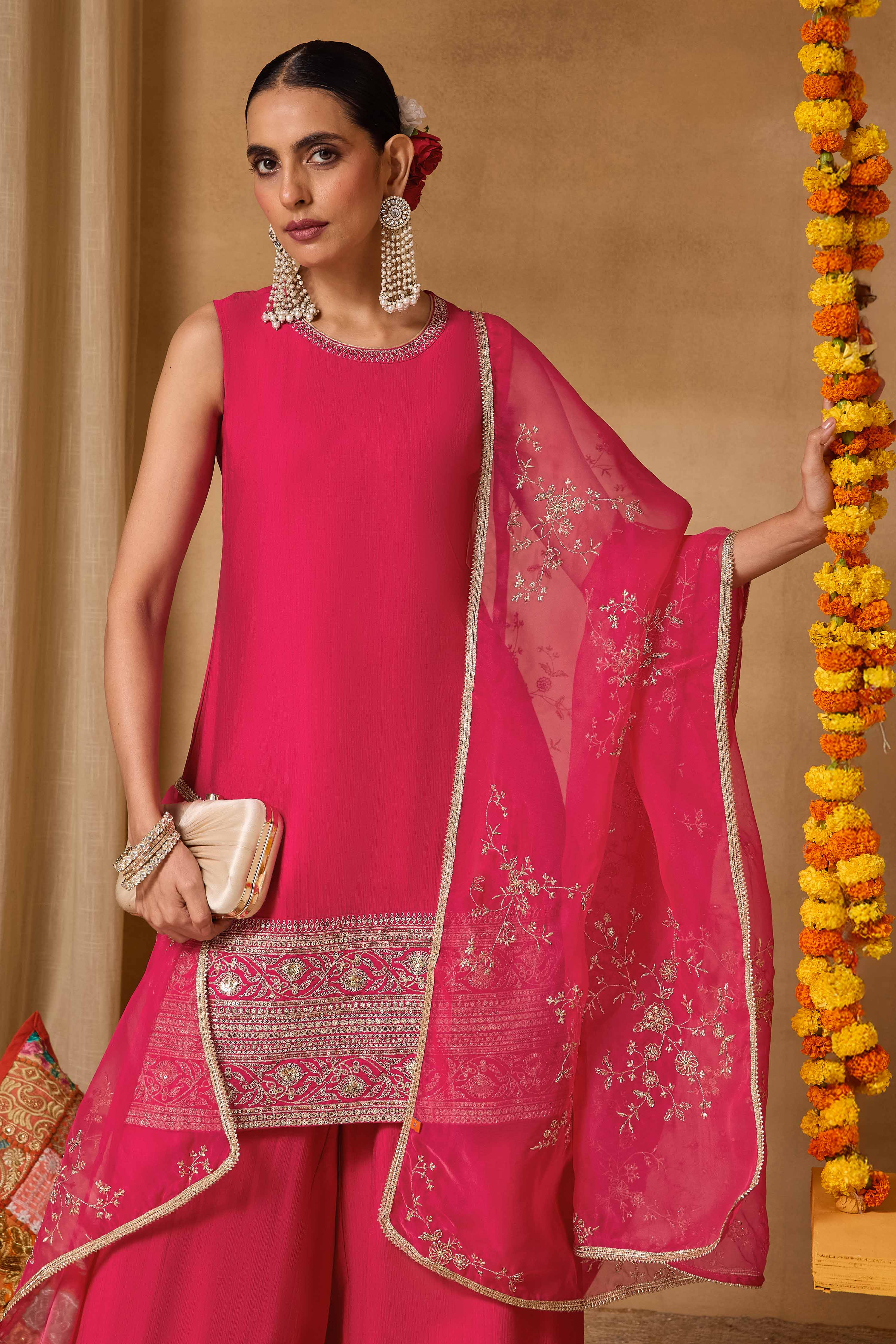 Pink Viscose Blend Straight Solid Suit Set image number 8