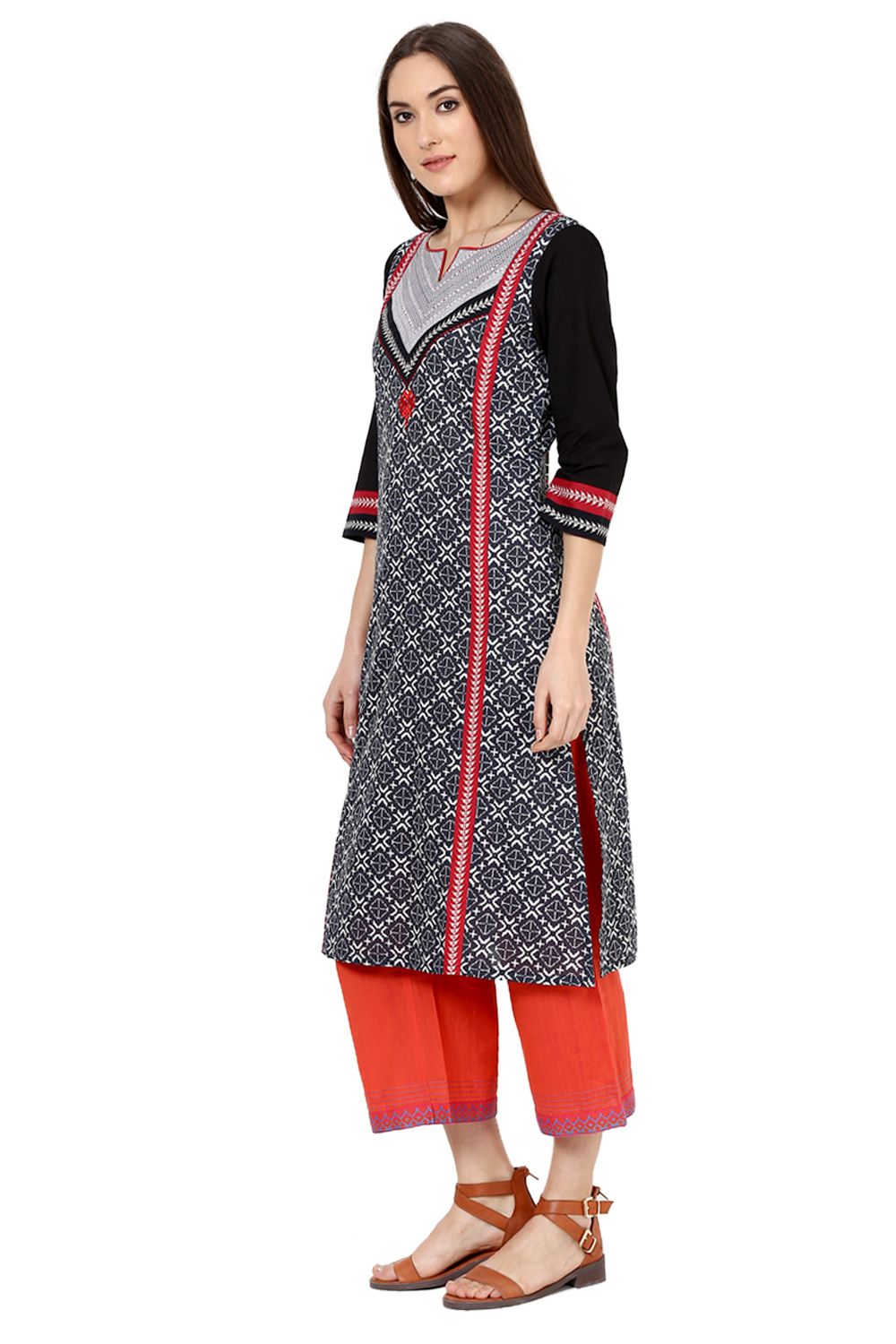 Black Straight Cotton Kurta image number 2