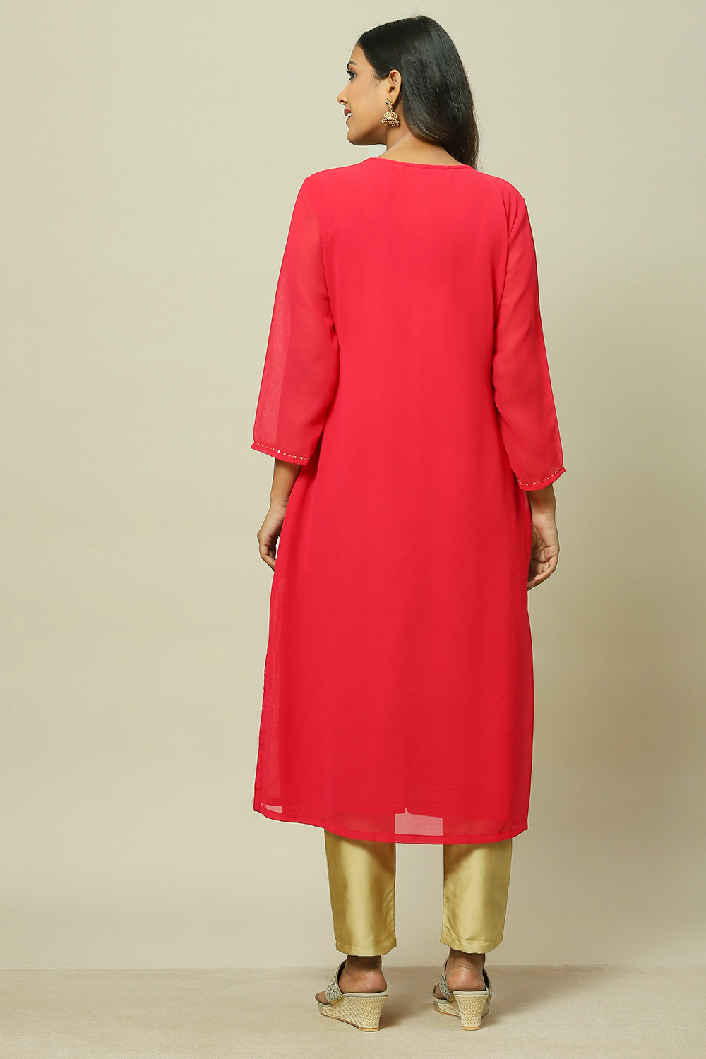 Pink Cotton Blend Straight Kurta image number 4