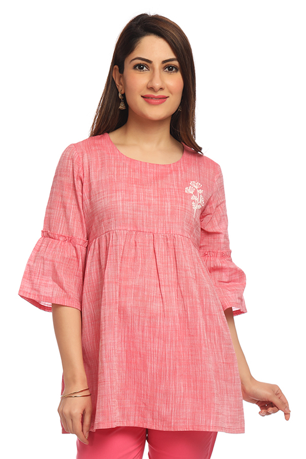 Pink Flared Cotton Indie Top image number 0
