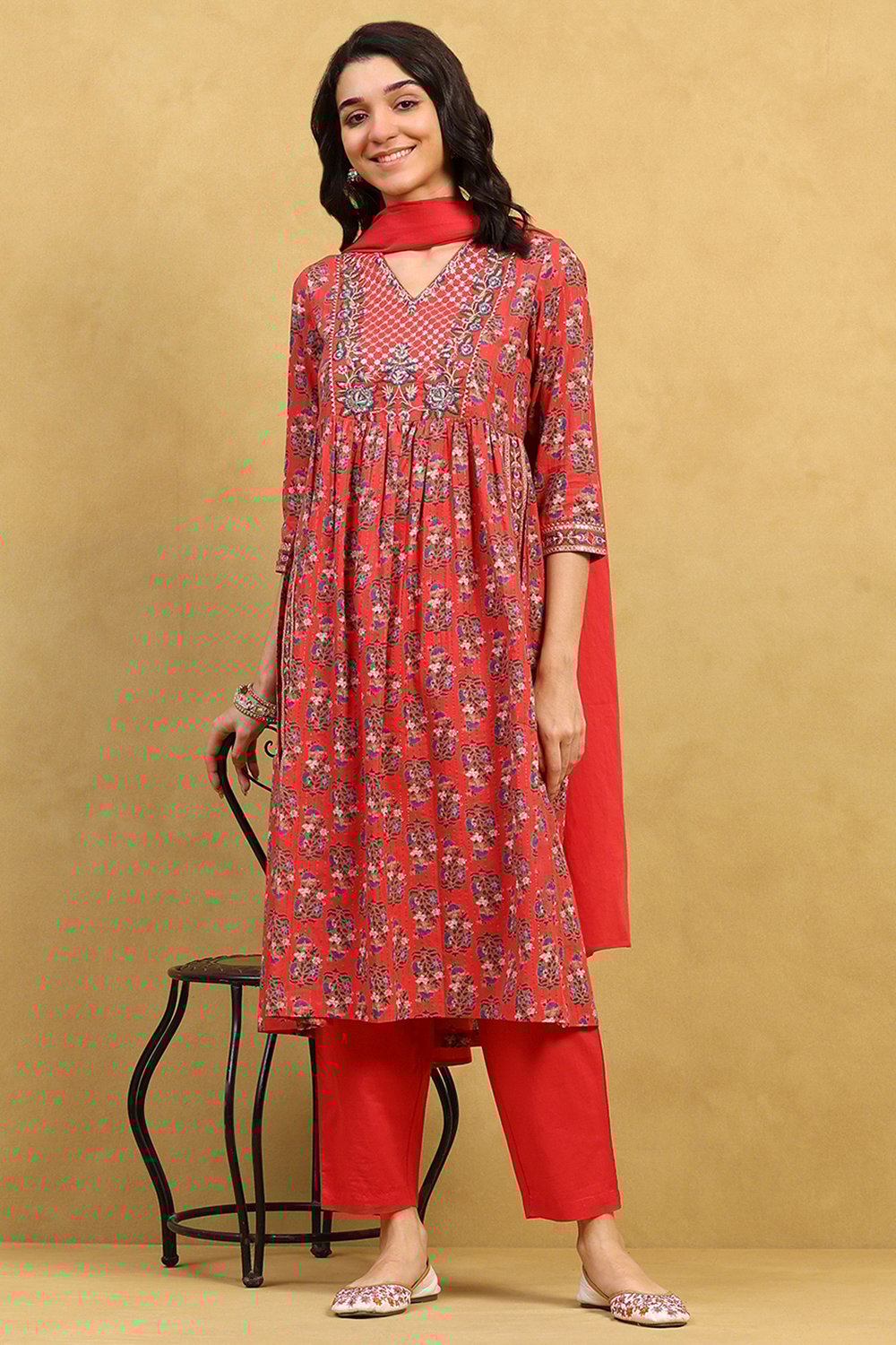 Brick Red Cotton Printed Gathered Suit Set image number 0