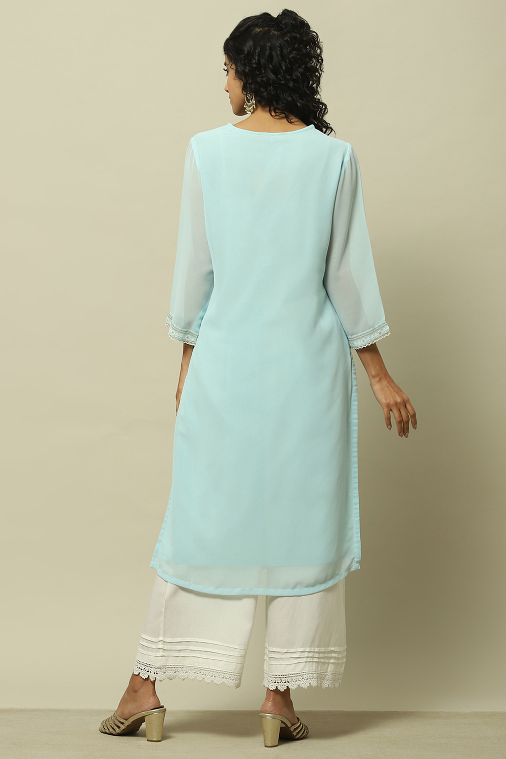 Blue Poly Georgette Embroidered Straight Kurta image number 3