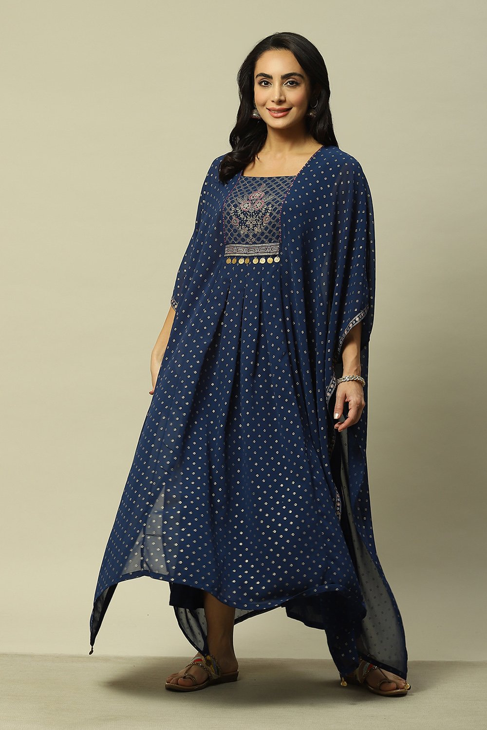 Navy Blue Polyester Straight Printed Kaftan image number 0