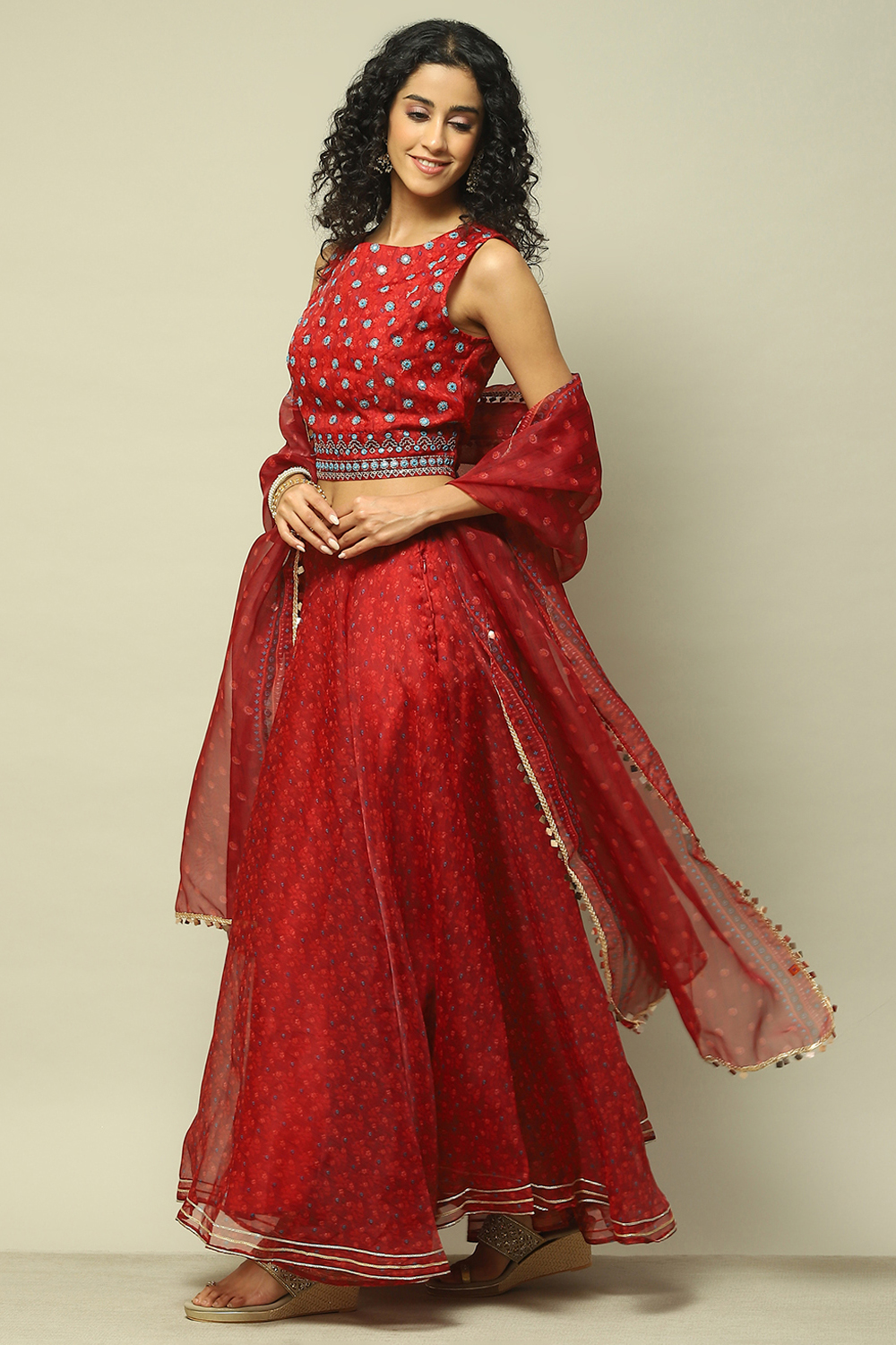 Red Polyester Flared Printed Lehenga set image number 4