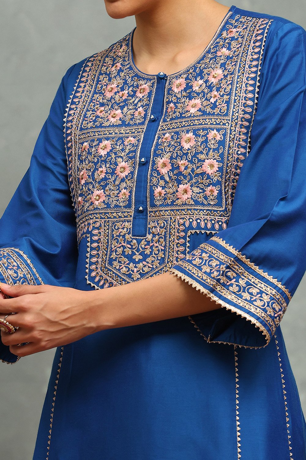 Blue Viscose Blend Embroidered Kalidar Suit Set image number 1
