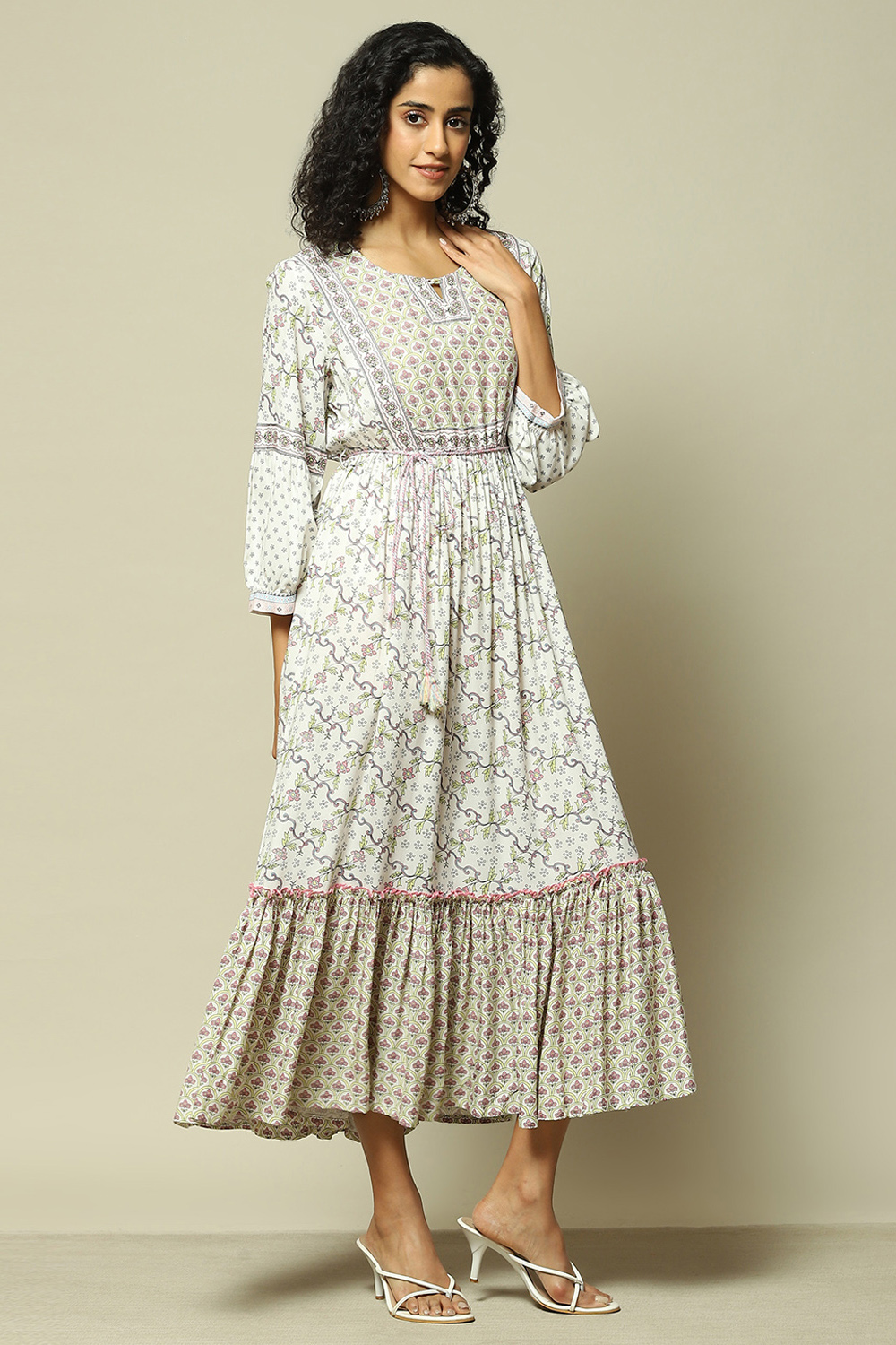 Ecru LIVA Tiered Printed Dress image number 4