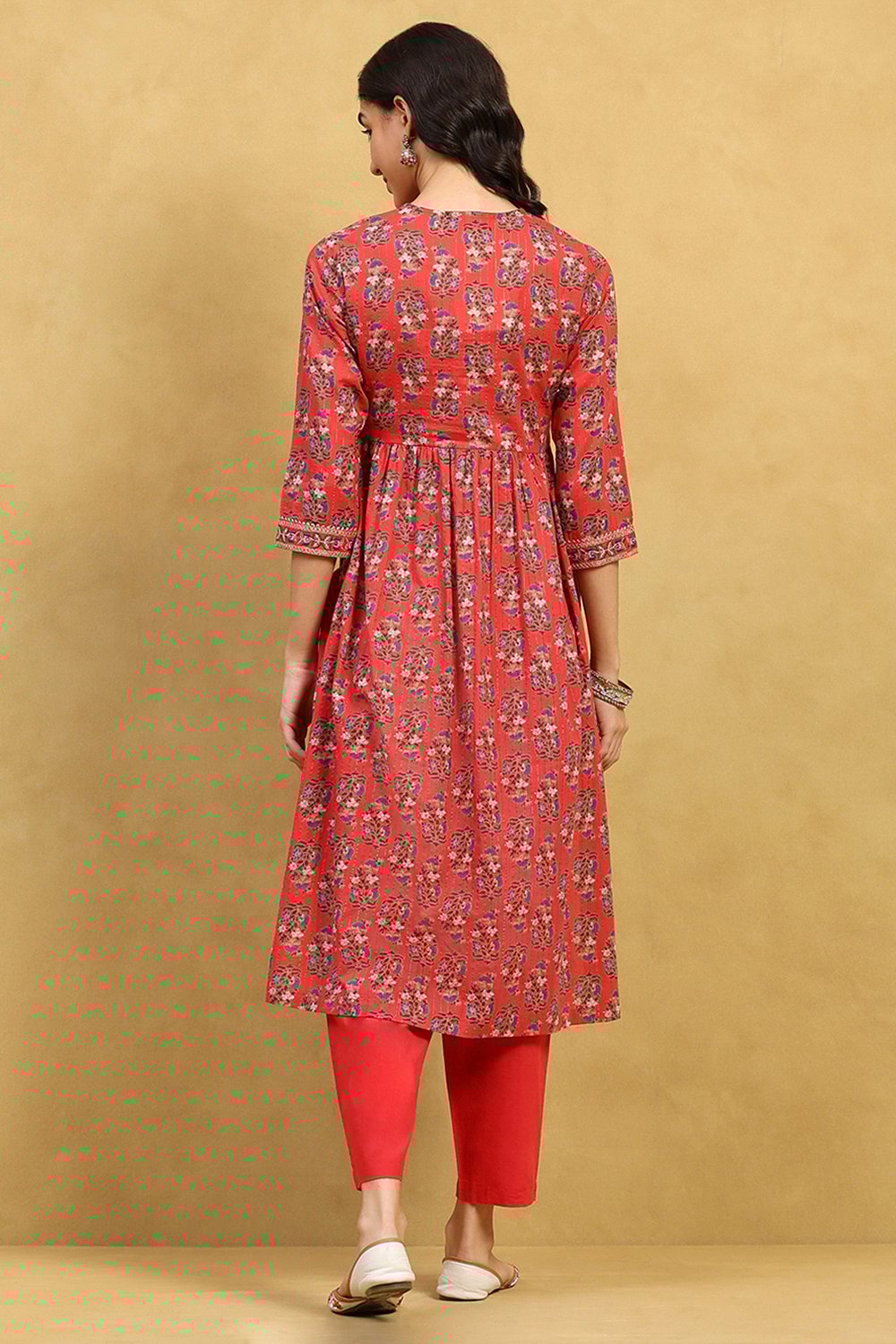Brick Red Cotton Printed Gathered Suit Set image number 4