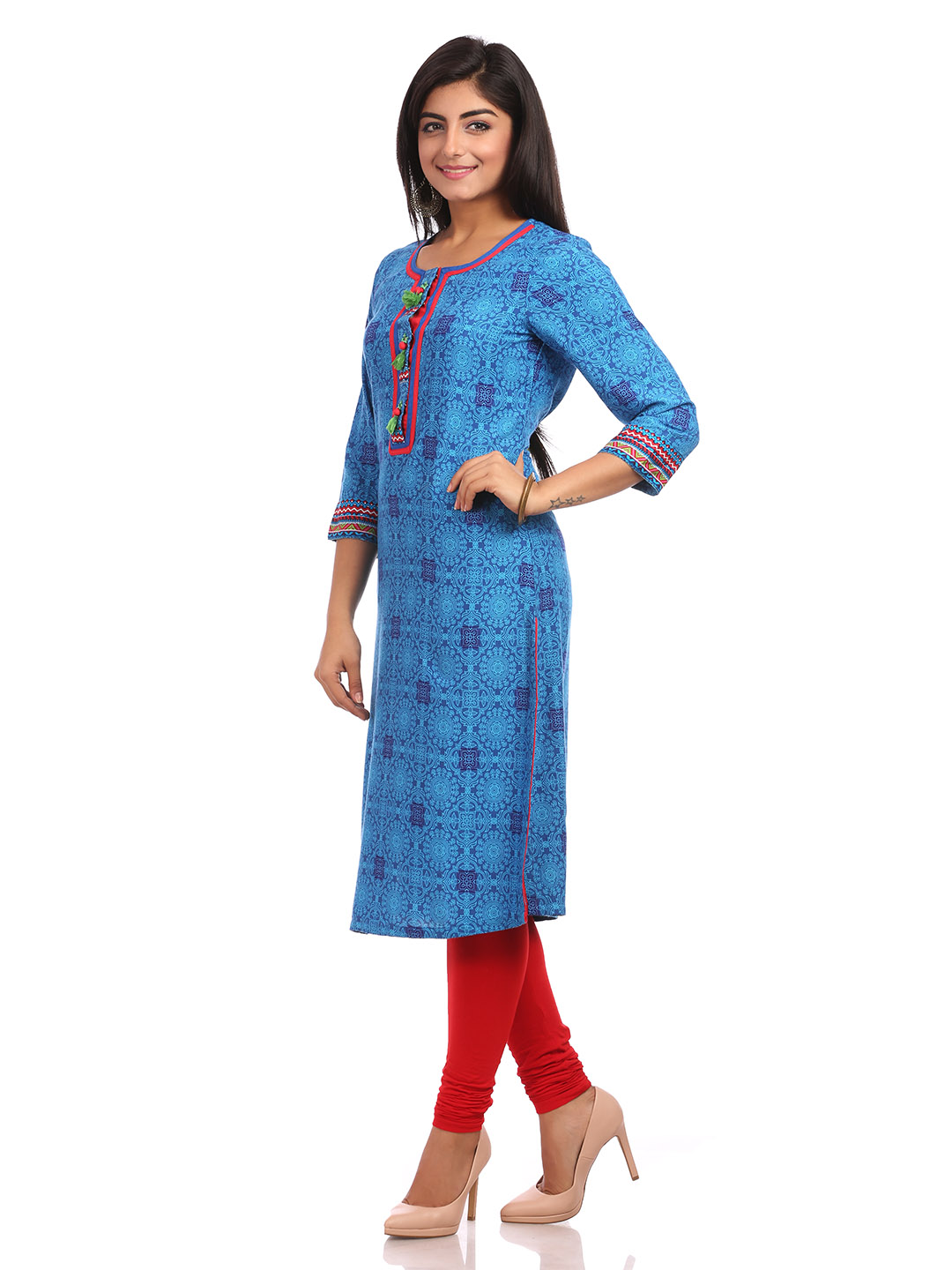 Blue Straight Cotton Kurta image number 3