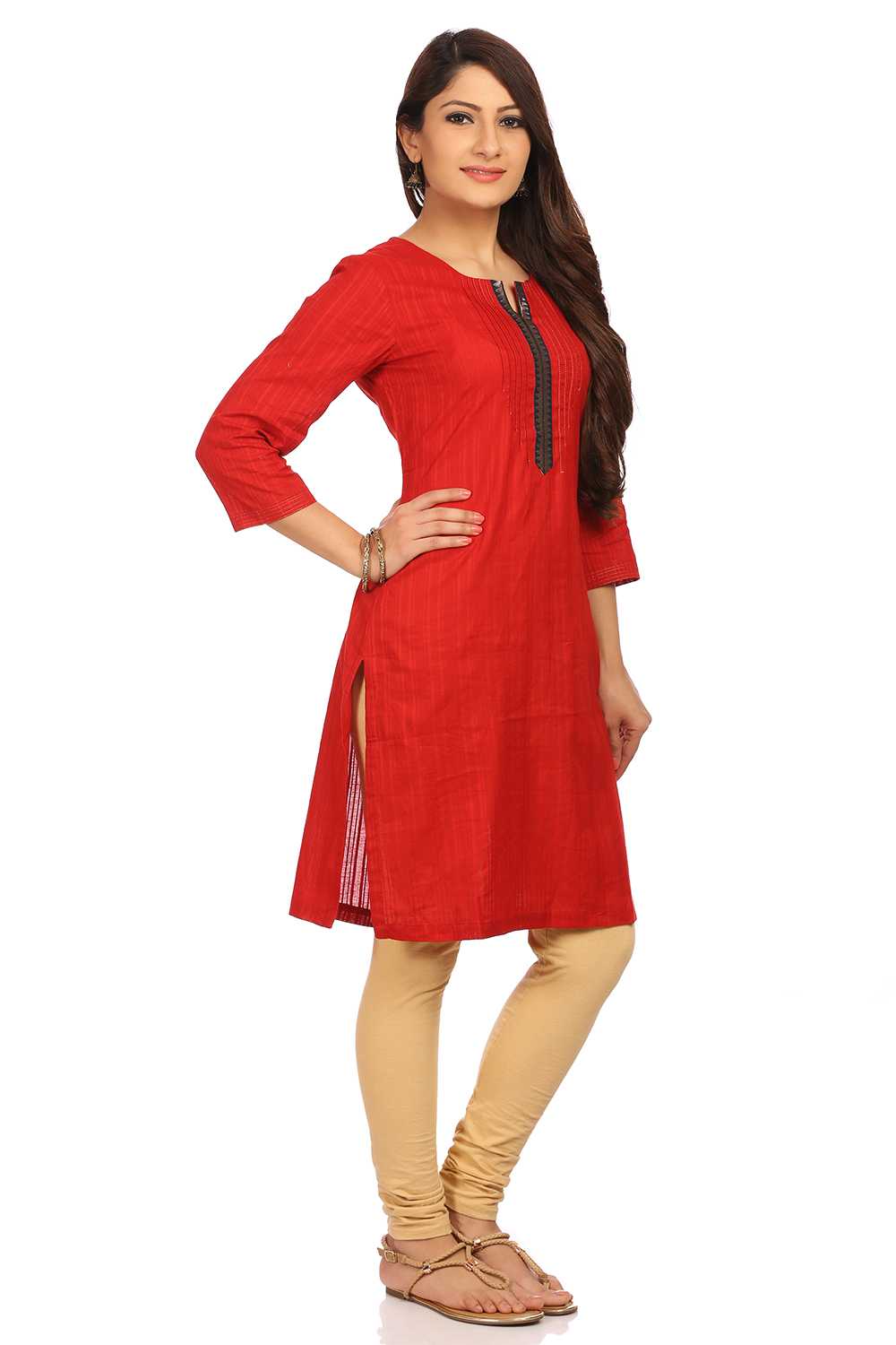 Red Straight Cotton Kurta image number 1