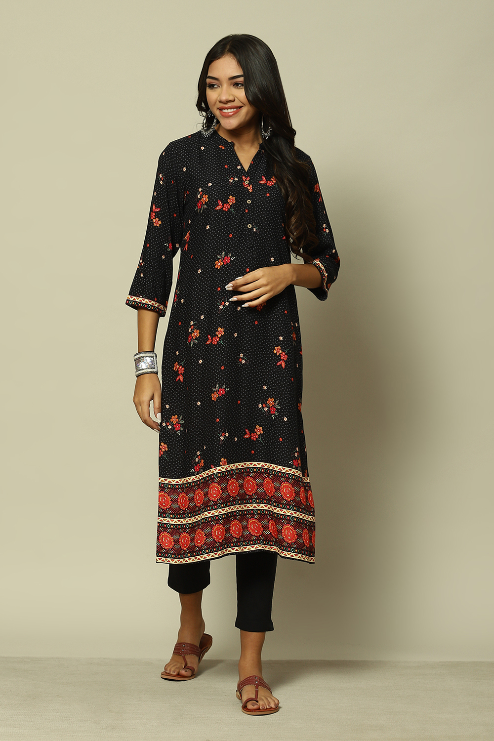 Black LIVA Straight Printed Kurta image number 5