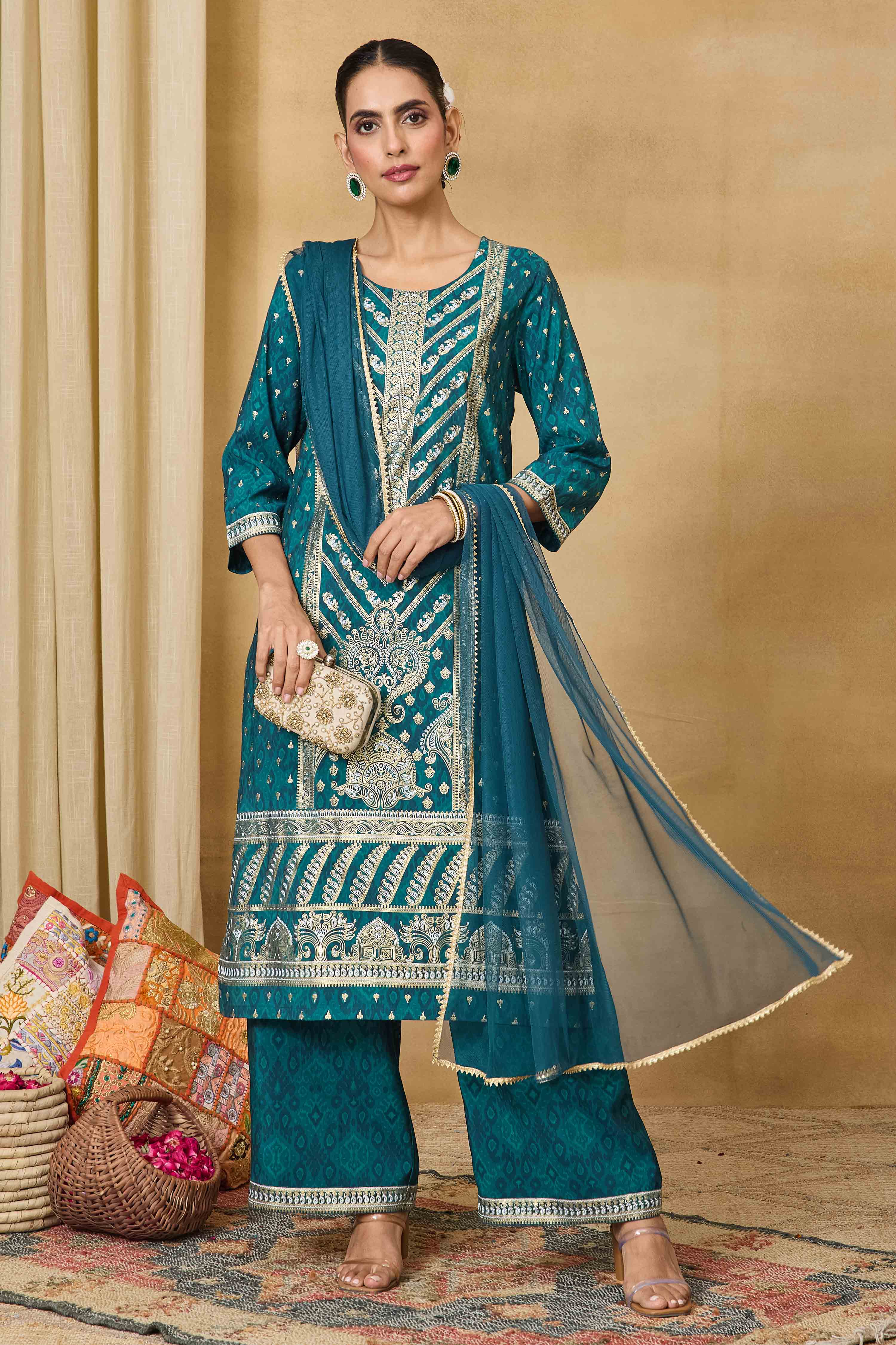 Teal Viscose Blend Straight Printed Suit Set image number 0