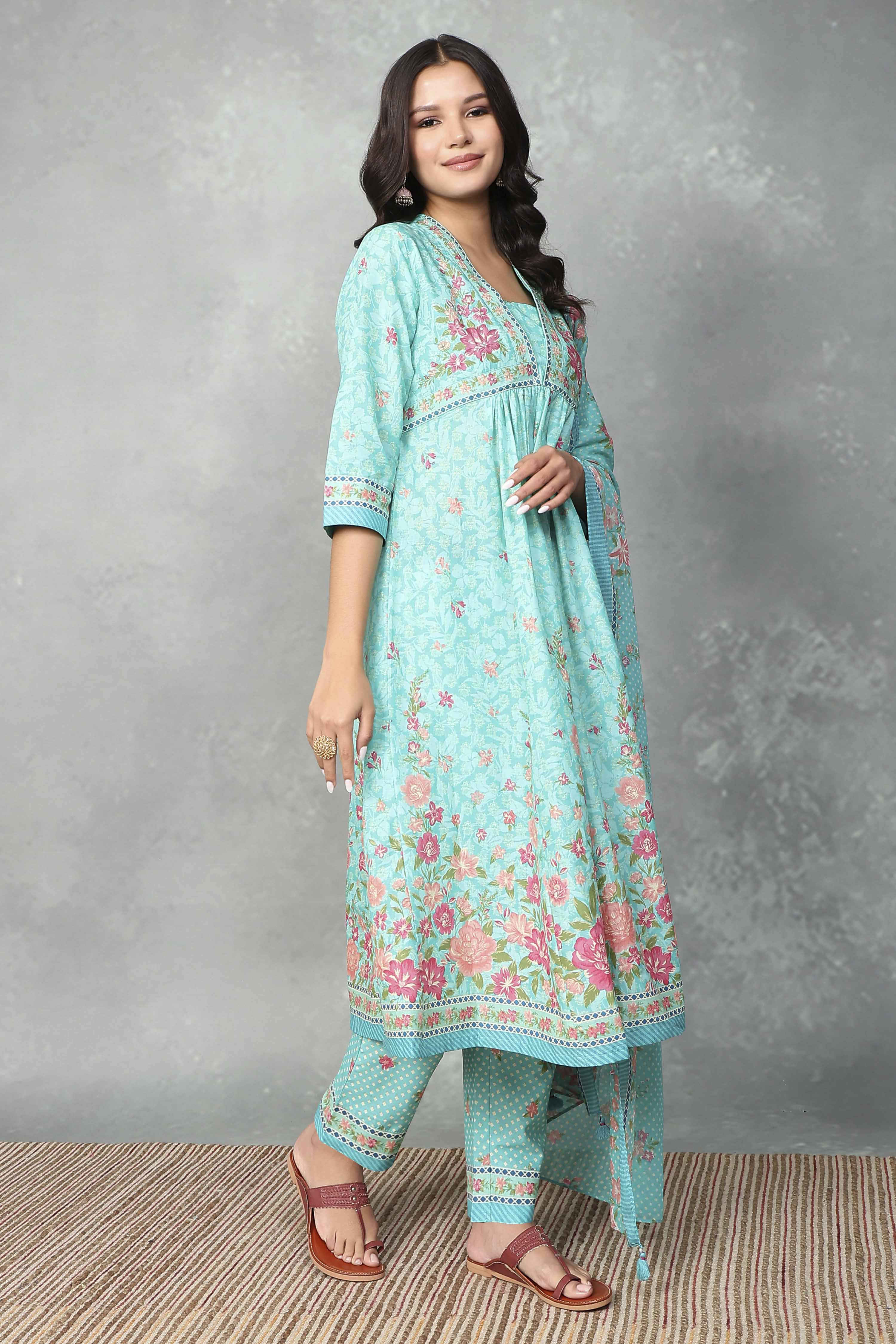 Blue Cotton Gathered Suit Sets image number 5